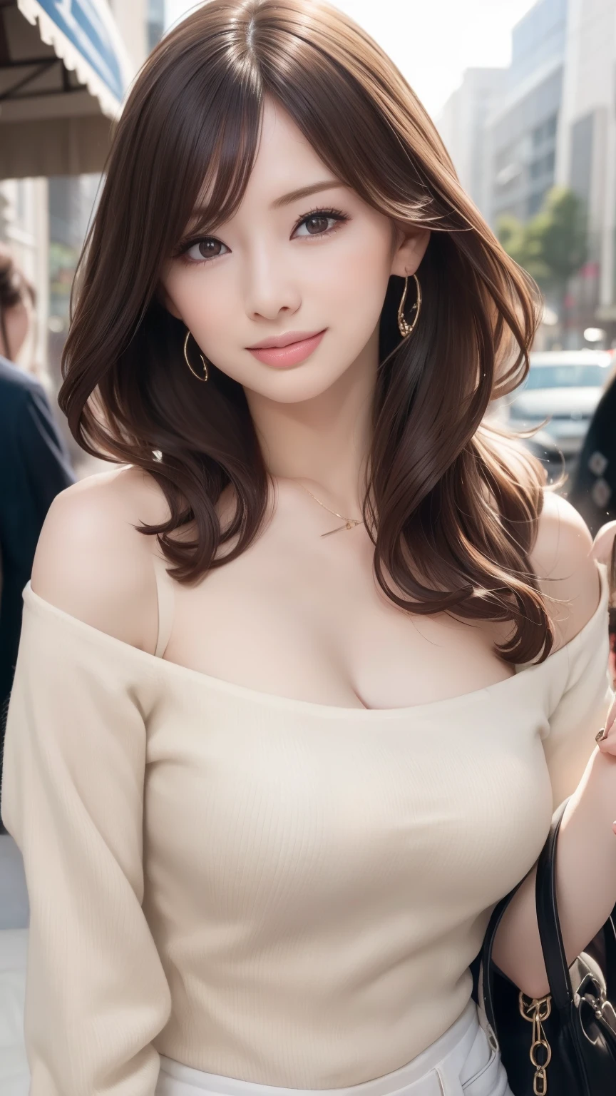 Realistic、Realistic、highest quality、Natural Lip、Fair skin、Great light、Beautiful lighting、bangs、Off the shoulder、Large Breastsの谷間、Large Breasts、(Clothing that shows the navel)、Tube top、Shorts、Gorgeous Accessories、Harajuku、smile、かわいいsmile、Crowds in the city