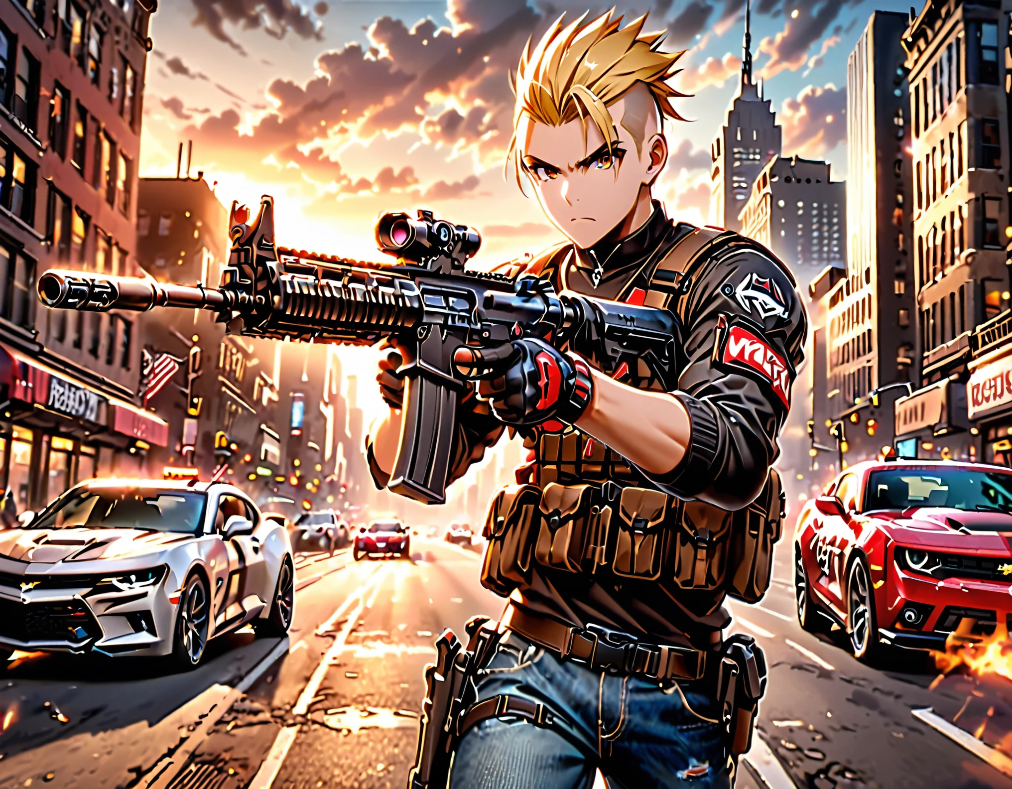masterpiece, best quality, high res, 1boy, blonde hair, short hair, mohawk, perfect hands, finger on trigger, gloves, gun, holding gun, holding weapon, assault rifle, holster, male focus, rifle, new york city backdrop, solo, solo focus, trigger discipline, weapon, brown eyes, assault vest, black sweater, jeans, sneakers. 1car, motor vehicle, automobile, red chevorlet camaro. action: standing straight. facial expression: determined