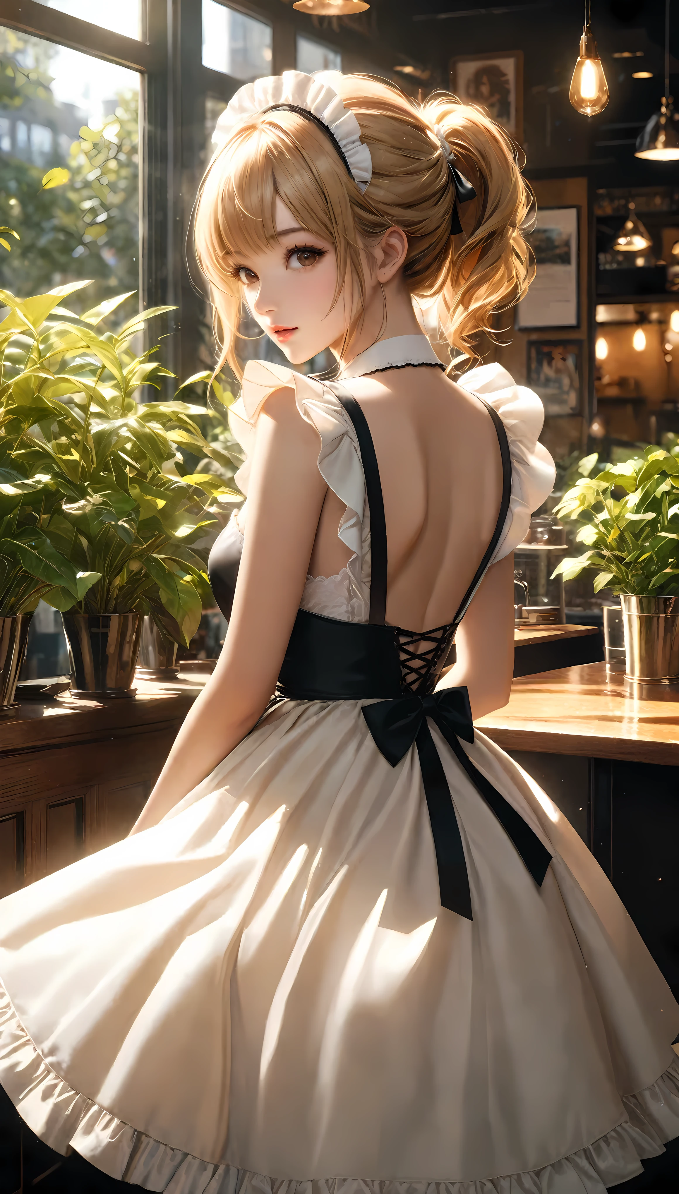 ((Masterpiece in maximum 16K resolution):1.6),((soft_color_photograpy:)1.5), ((Ultra-Detailed):1.4),((Movie-like still images and dynamic angles):1.3). | (cinematic photo of French Supermodel beauty wearing a maid dress in a cafe), (French Supermodel beauty), (Blonde), (wearing a maid dress), (focus on the maid dress), (cinematic lens), (cafe with indoor garden), (summer light), (tyndall effect), (Warm atmosphere), (shimmer), (light reflections), (visual experience),(Realism), (Realistic),award-winning graphics, dark shot, film grain, extremely detailed, Digital Art, rtx, Unreal Engine, scene concept anti glare effect, All captured with sharp focus. | Rendered in ultra-high definition with UHD and retina quality, this masterpiece ensures anatomical correctness and textured skin with super detail. With a focus on high quality and accuracy, this award-winning portrayal captures every nuance in stunning 16k resolution, immersing viewers in its lifelike depiction. | ((perfect_composition, perfect_design, perfect_layout, perfect_detail, ultra_detailed)), ((enhance_all, fix_everything)), More Detail, Enhance.