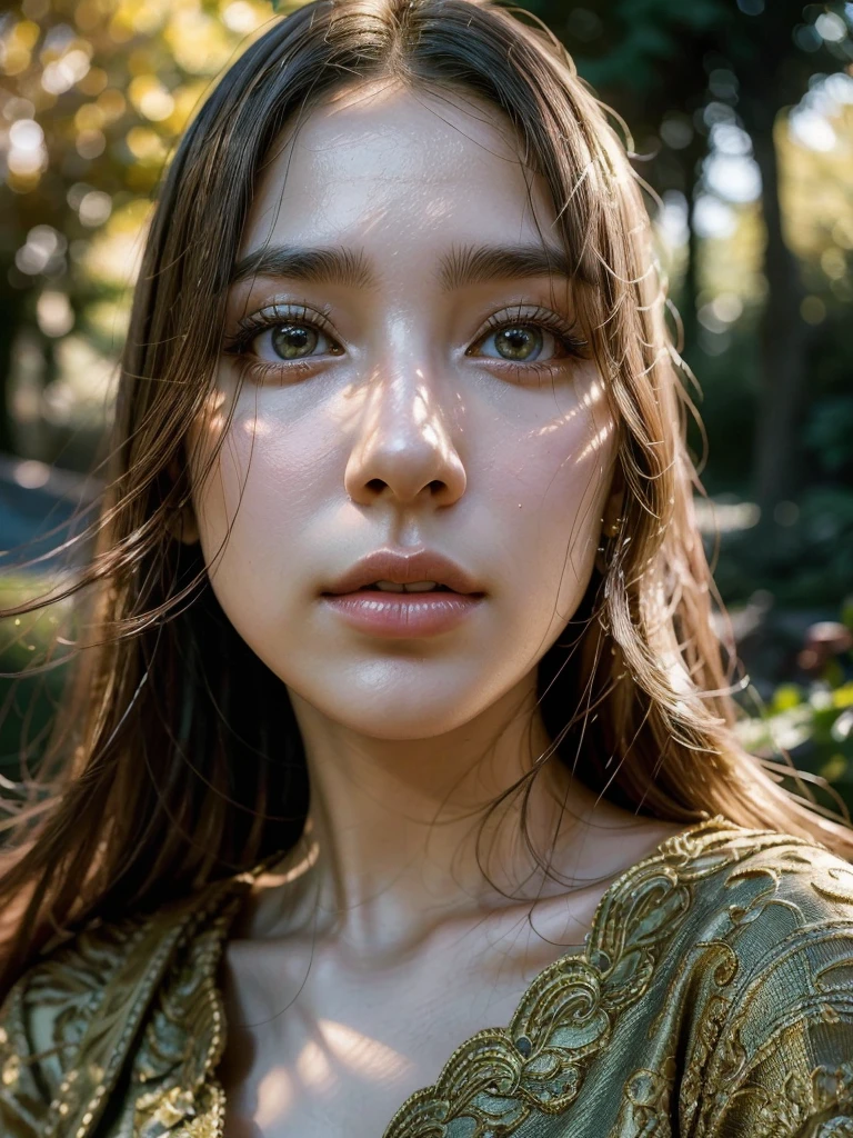 1girl, beautiful detailed eyes, beautiful detailed lips, extremely detailed face and features, long eyelashes, intricate dress, elegant pose, serene expression, ornate garden, lush foliage, golden hour lighting, dramatic shadows, muted color palette, cinematic composition, photorealistic, 8k, high quality, masterpiece
