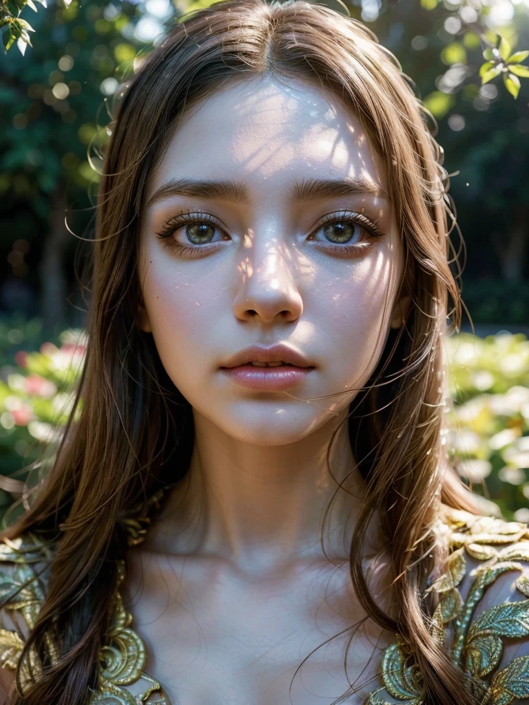 1girl, beautiful detailed eyes, beautiful detailed lips, extremely detailed face and features, long eyelashes, intricate dress, elegant pose, serene expression, ornate garden, lush foliage, golden hour lighting, dramatic shadows, muted color palette, cinematic composition, photorealistic, 8k, high quality, masterpiece
