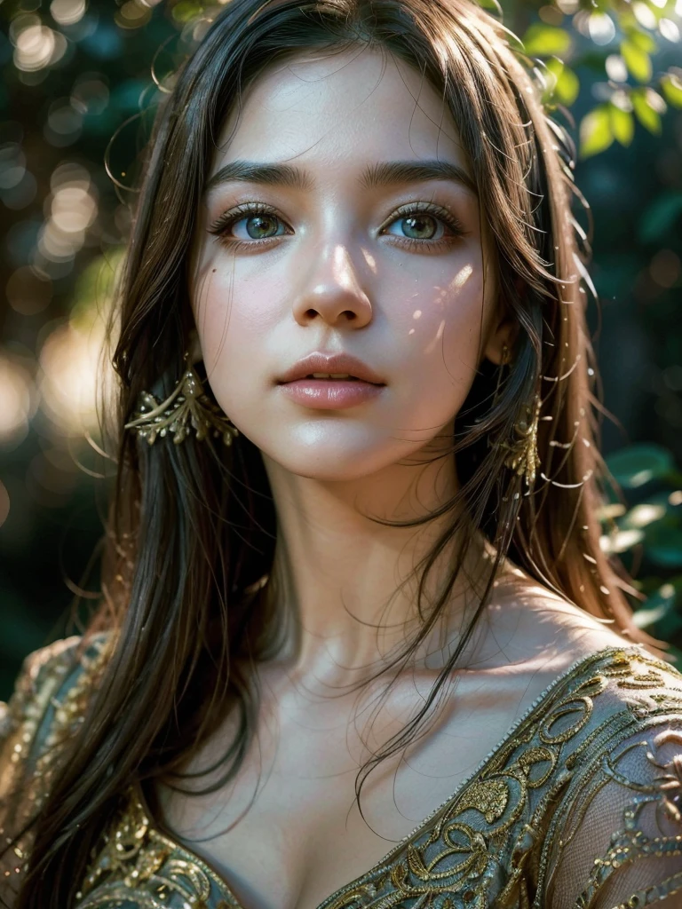 1girl, beautiful detailed eyes, beautiful detailed lips, extremely detailed face and features, long eyelashes, intricate dress, elegant pose, serene expression, ornate garden, lush foliage, golden hour lighting, dramatic shadows, muted color palette, cinematic composition, photorealistic, 8k, high quality, masterpiece