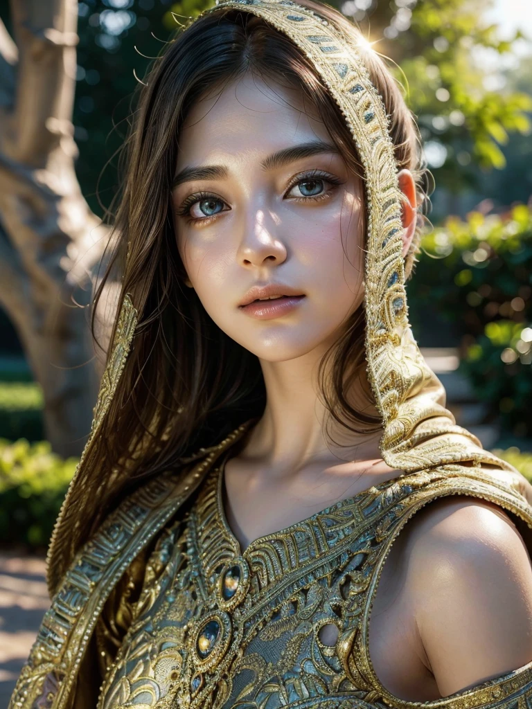 1girl, beautiful detailed eyes, beautiful detailed lips, extremely detailed face and features, long eyelashes, intricate dress, elegant pose, serene expression, ornate garden, lush foliage, golden hour lighting, dramatic shadows, muted color palette, cinematic composition, photorealistic, 8k, high quality, masterpiece