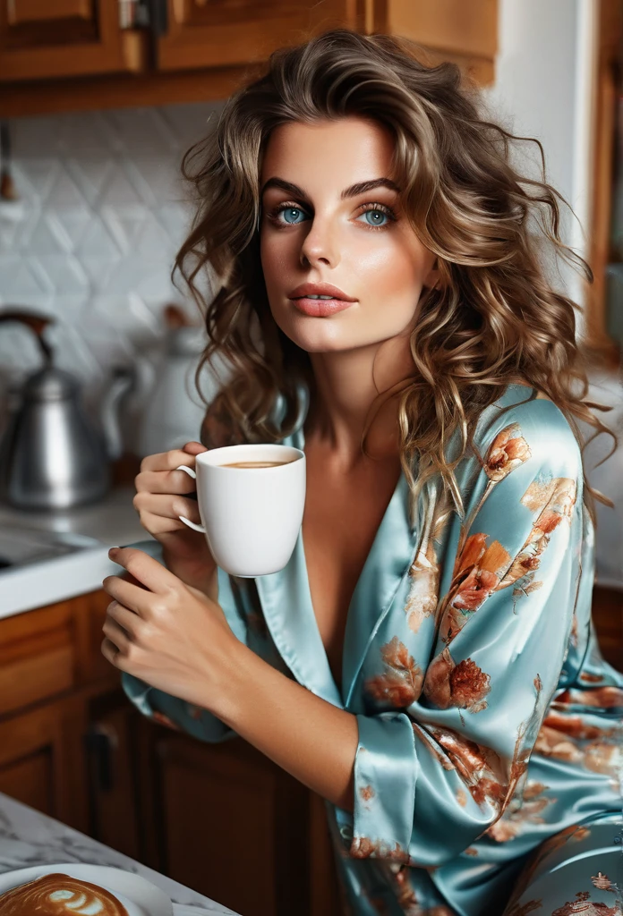 Brunette girl[Sophia Loren:Maude Adams:0.45], just woken up, still wears silk pajamas, holds a cup of hot coffee at her Kitchen in the early morning, (best quality, masterpieces, ultra-detailed), beautiful detailed eyes, beautiful detailed lips, longeyelashes, vibrant colors, illustrative style, high resolution fine photographs texture, flowing messy hair, cozy garden background, soft sunlight, lively expression, joyful interaction with the cat, dynamic pose, realistic rendering, MidJourney Aesthetic