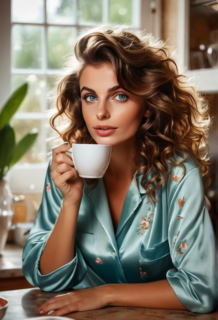 Brunette girl[Sophia Loren:Maude Adams:0.45], just woken up, still wears silk pajamas, holds a cup of hot coffee at her Kitchen in the early morning, (best quality, masterpieces, ultra-detailed), beautiful detailed eyes, beautiful detailed lips, longeyelashes, vibrant colors, illustrative style, high resolution fine photographs texture, flowing messy hair, cozy garden background, soft sunlight, lively expression, joyful interaction with the cat, dynamic pose, realistic rendering, MidJourney Aesthetic