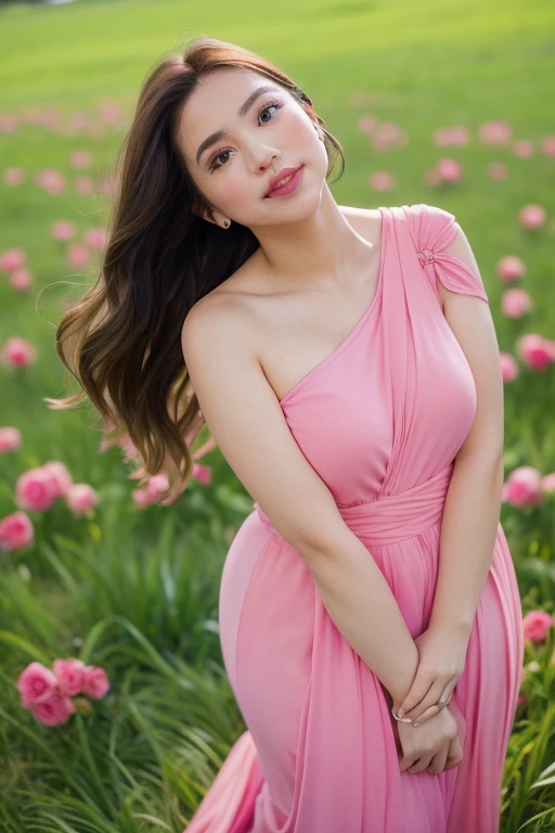 A beautiful girl with a busty figure and a mesmerizing face wearing a Lemonade pink 1-shoulder dress in a field of colorful roses.  blue sky,The Close up,Tilted Head,Breezy Hair,LEANING POSES.