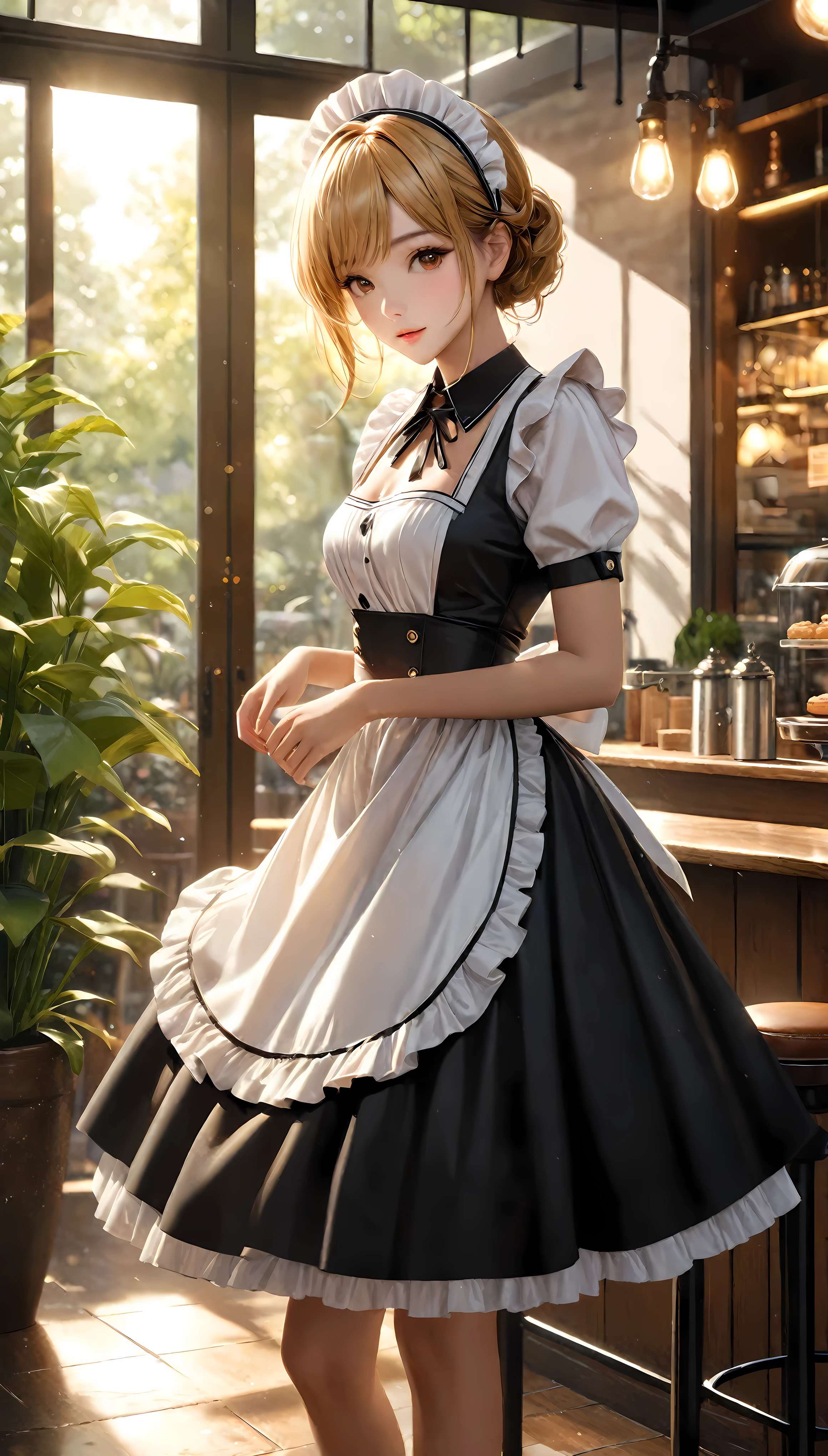 ((Masterpiece in maximum 16K resolution):1.6),((soft_color_photograpy:)1.5), ((Ultra-Detailed):1.4),((Movie-like still images and dynamic angles):1.3). | (cinematic photo of French Supermodel beauty wearing a maid dress in a cafe), (French Supermodel beauty), (Blonde), (wearing a maid dress), (focus on the maid dress), (cinematic lens), (cafe with indoor garden), (summer light), (tyndall effect), (Warm atmosphere), (shimmer), (light reflections), (visual experience),(Realism), (Realistic),award-winning graphics, dark shot, film grain, extremely detailed, Digital Art, rtx, Unreal Engine, scene concept anti glare effect, All captured with sharp focus. | Rendered in ultra-high definition with UHD and retina quality, this masterpiece ensures anatomical correctness and textured skin with super detail. With a focus on high quality and accuracy, this award-winning portrayal captures every nuance in stunning 16k resolution, immersing viewers in its lifelike depiction. | ((perfect_composition, perfect_design, perfect_layout, perfect_detail, ultra_detailed)), ((enhance_all, fix_everything)), More Detail, Enhance.