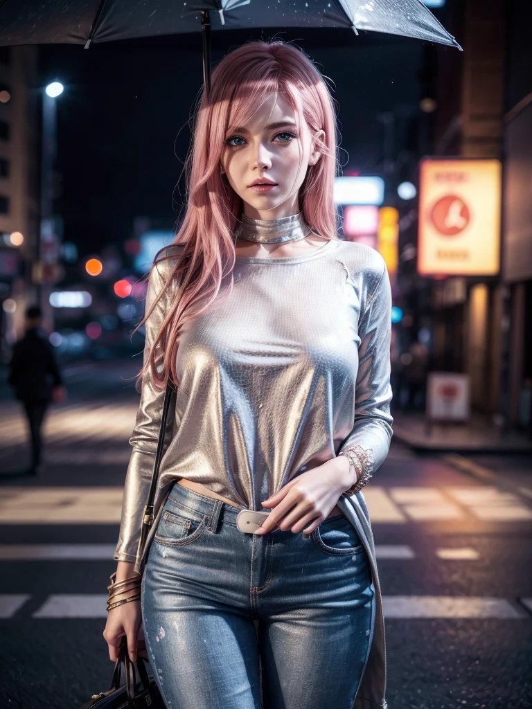 1girl,hips up,pink hair,blue eyes,skinny jeans,white shirt,city background,beautiful detailed eyes,beautiful detailed lips,extremely detailed eyes and face,long eyelashes,realistic,photorealistic,photo-realistic:1.37,best quality,4k,8k,highres,masterpiece:1.2,ultra-detailed,HDR,UHD,studio lighting,ultra-fine painting,sharp focus,physically-based rendering,extreme detail description,professional,vivid colors,bokeh,cityscape,urban environment,skyscraper,modern architecture,street,sidewalk,traffic,cloudy sky