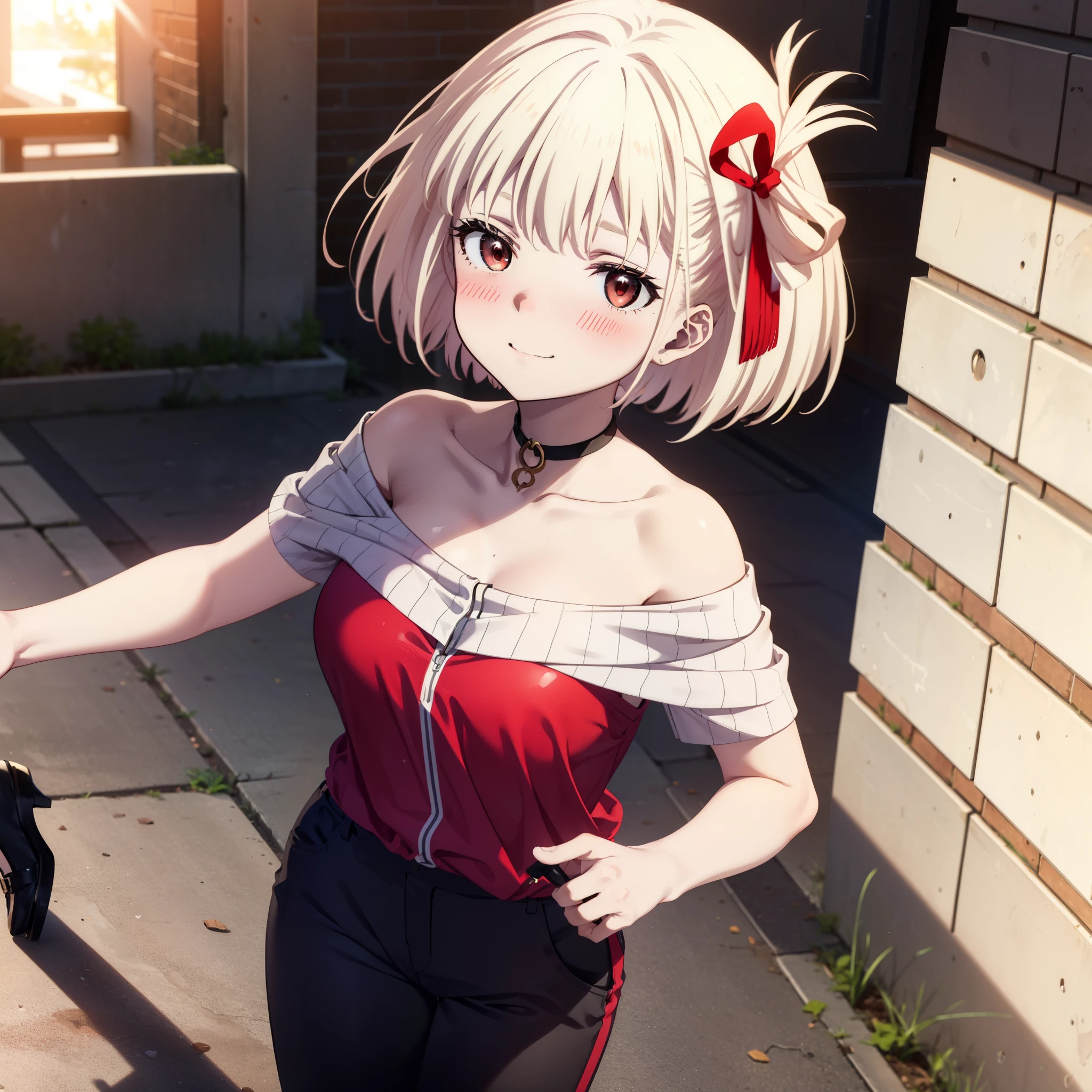 Chisato Nishikigi, short hair, bangs, Blonde, (Red eyes:1.5), hair ribbon, One side up, Bobcut,happy smile, smile, Open your mouth,Heart-shaped necklace,Bare neck,Bare shoulders,bare clavicle,Red one-shoulder sweater,mini skirt,Black pantyhose,short boots,Walking,whole bodyがイラストに入るように,Daytime,Clear skies,
break indoors,School,canteen,
break looking at viewer, whole body,
break (masterpiece:1.2), Highest quality, High resolution, unity 8k wallpaper, (figure:0.8), (Beautiful attention to detail:1.6), Highly detailed face, Perfect lighting, Highly detailed CG, (Perfect hands, Perfect Anatomy),