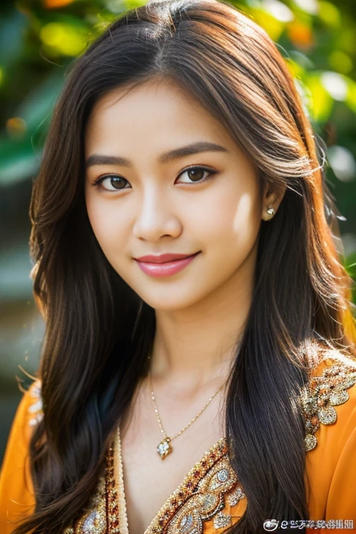 Javanese girl, 18 years old, (masterpiece), Javanese skin tone, best quality, expressive eyes, perfect face, (ultra realistic), (Orange Formal Suit), Smile, Long Black Hair, innocent face, natural wavy hair, brown eyes, High resolution, masterpiece, Best quality, intricate high detail, highly detailed, focus sharp focus, detailed skin, realistic skin texture, texture, detailed eyes, professional, 4K, charming smile, filmed on Canon, 85 mm, shallow depth of field, Kodak Vision Color, perfect fit body, Extremely detailed, photograph_\(ultra\ ), photoreallistic, Realstic, Post-processing, Maximum details, roughness, real life, ultra realist, photorealism, photography, 8K UHD, photography
