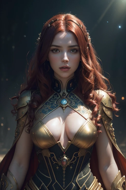 (Hyper-realistic photograph of a Vampire Queen, a redhead beauty with lush curls and deep amber uridicent eyes, adorned with a futuristic royal dress that captures the essence of celestial bodies and stars. by Conrad Roset, Pino Daeni, Jeremy Mann, Alex Maleev, 16k resolution, super dramatic light, sharp focus, Alexander McQueen, John William Waterhouse, Rudolf Hausner, Daniel F. Gerhartz, global illumination, intricate high-quality textures in HD, 8K, UHD, HDR, DSLR, gigapixel and unprocessed, detailed and realistic photographic details, with a detailed background, rendered in 32k octane, volumetric lighting, mysterious reflections, specular highlights, backlighting, acid trip. High-definition digital art, V-Ray, very detailed and intricate, natural photography, Nukon D750. 35mm.), Oppressive Hopelessness, (Surreal Dreamscapes), (Intimate Portrait Composition), Op Art Movement