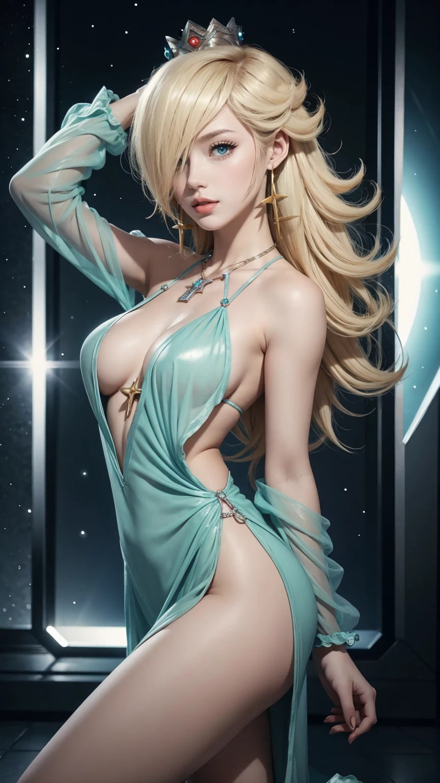 25-year-old Caucasian woman、ash blonde、blue eyess、Semi-long、setting hair、I'm tying my hair、My hair is wavy、Slender but thin macho、accessories on the wrist、wearing a chain necklace、Beautiful breasts、a smile、I need space above my head、Wearing a high-leg retard、Wearing heels、