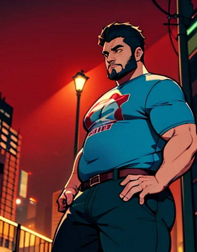 1 chubby man with extremely thick thighs , Careca, obeso, homem de meia idade, camisa branca aberta mostrando a barriga e peitoral usando apenas sunga vermelha e meias, parado na rua, looking at the sky, noite em uma cidade cyberpunk , dim street lamp, talking to the viewer gesturing with his hands, dialogando, discutindo. He&#39;s calling the viewer, he is delivering something, he is gesturing for you to come closer to him. Gargalhando, zangado, triste, muito feliz, deprimido. ((Varied color hair, fios do cabelo branco ou vermelho ou verde ou cinza ou azul ou laranja ou amarelo))