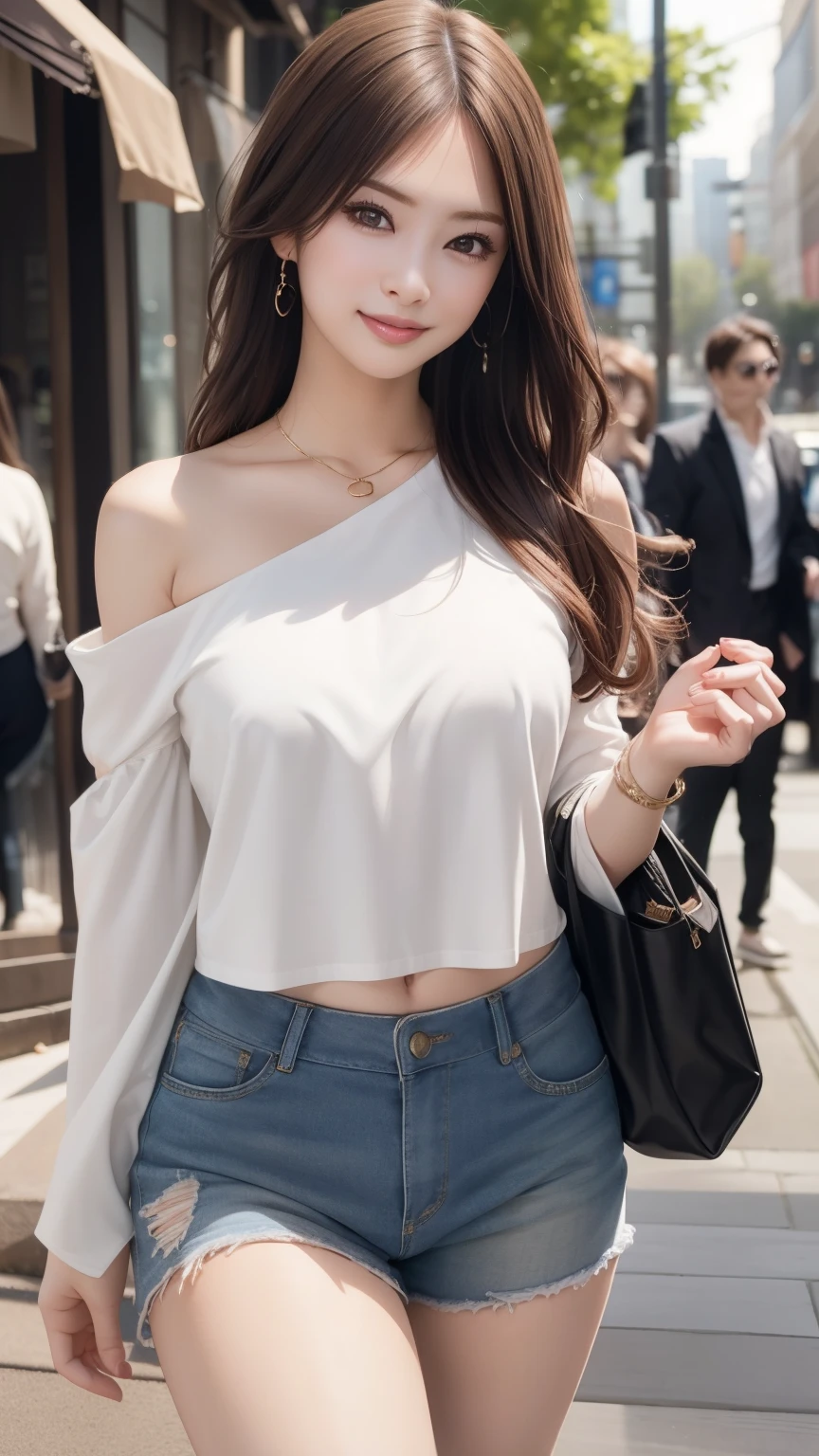 Realistic、Realistic、highest quality、Natural Lip、Fair skin、Great light、Beautiful lighting、Parted bangs、Off the shoulder、Large Breastsの谷間、Large Breasts、(Clothing that shows the navel)、Tube top、Shorts、Gorgeous Accessories、Harajuku、smile、かわいいsmile、Crowds in the city