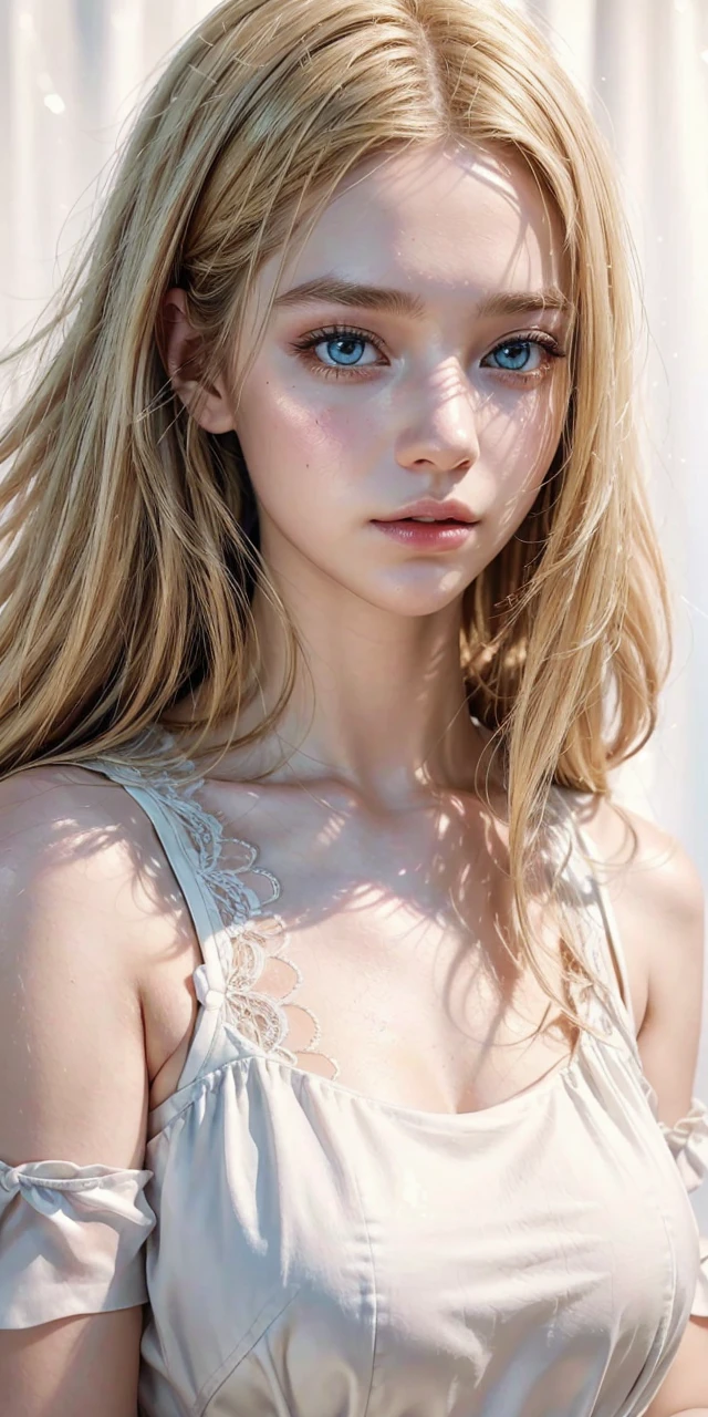 1girl,blonde hair,white dress,beautiful detailed eyes,beautiful detailed lips,extremely detailed face,long eyelashes,photorealistic,portrait,detailed background,natural lighting,muted colors,unreal engine,8k,highly detailed,masterpiece,cinematic,dramatic lighting