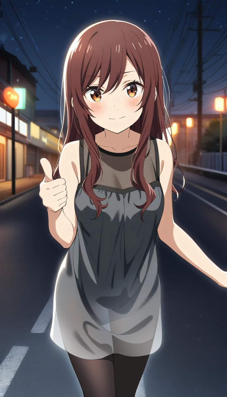 1girl, osaki_amana, osaki_tenka, black hair, shiny_colors, blush, sleeveless, bare shoulder, night, warm glow, outdoor, official art,  road, hitch-hike, half-closed_eyes, looking at viewer, medium breasts, see-through, from front view, complex_background, sincos, thumbs-up, black car, black pantyhose