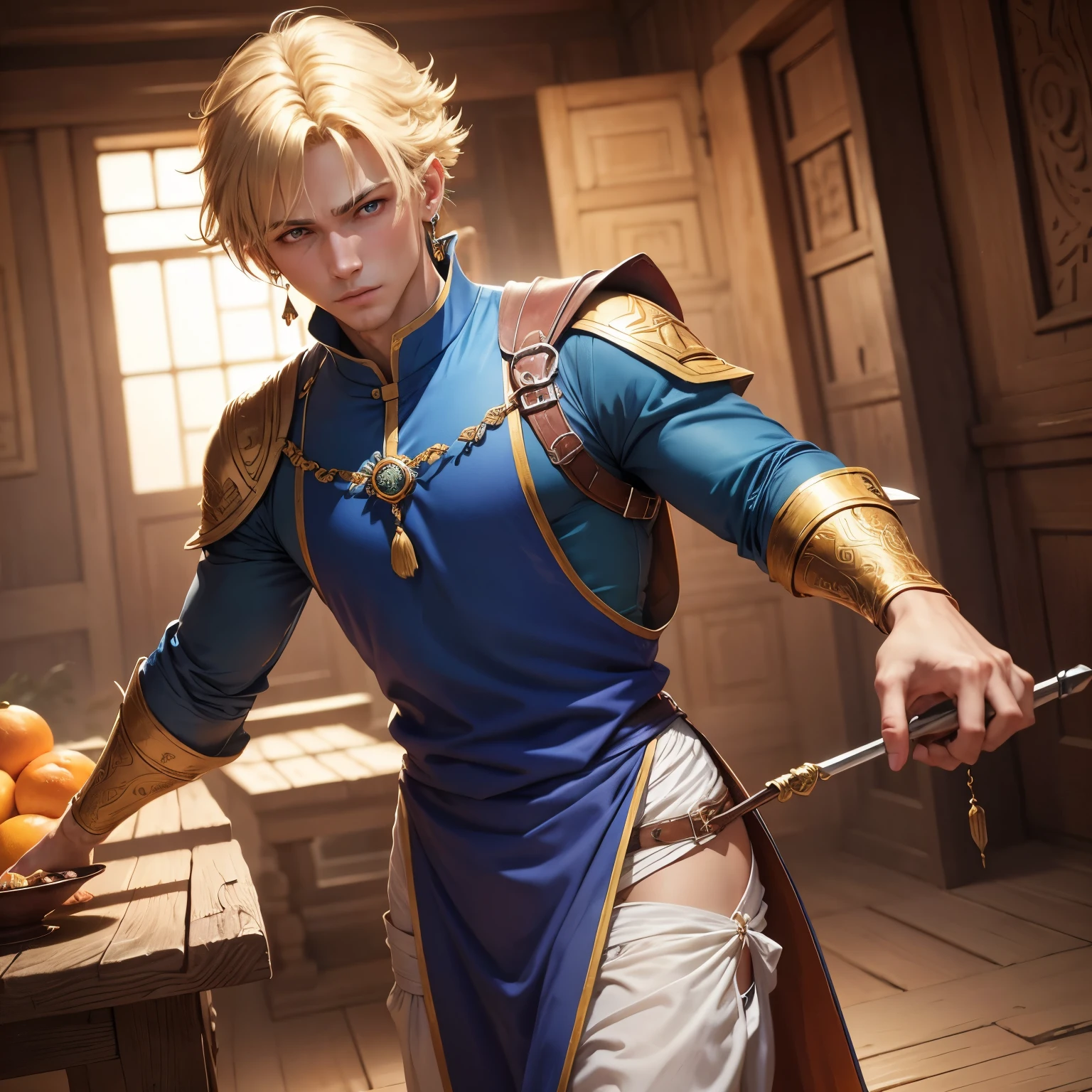 8k, masterpiece, best quality, realistic, higly detailed, cowboy shot, 1boy, male, solo, Kurapika Kurta, Italian features, dnd, d&d, dungeons and dragons, dungeons & dragons, rpg, ttrp, human, monk, bard, warlock, medium blond hair, blue eyes, blue tabard decorated with orange-colored hem, white full-body training suit underneath, Chinese-style winkle-picker flats, single drop earring ornamented with ruby in left ear, clothed, clothed