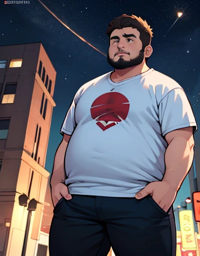 1 chubby man with extremely thick thighs , Careca, obeso, homem de meia idade, camisa branca aberta mostrando a barriga e peitoral usando apenas sunga vermelha e meias, parado na rua, looking at the sky, noite em uma cidade cyberpunk , dim street lamp, talking to the viewer gesturing with his hands, dialogando, discutindo. He&#39;s calling the viewer, he is delivering something, he is gesturing for you to come closer to him. Gargalhando, zangado, triste, muito feliz, deprimido. ((Varied color hair, fios do cabelo branco ou vermelho ou verde ou cinza ou azul ou laranja ou amarelo))
