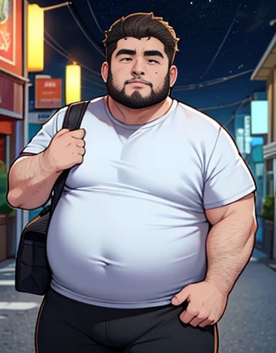 1 chubby man with extremely thick thighs , Careca, obeso, homem de meia idade, camisa branca aberta mostrando a barriga e peitoral usando apenas sunga vermelha e meias, parado na rua, looking at the sky, noite em uma cidade cyberpunk , dim street lamp, talking to the viewer gesturing with his hands, dialogando, discutindo. He's calling the viewer, he is delivering something, he is gesturing for you to come closer to him. Gargalhando, zangado, triste, muito feliz, deprimido. ((Varied color hair, fios do cabelo branco ou vermelho ou verde ou cinza ou azul ou laranja ou amarelo))