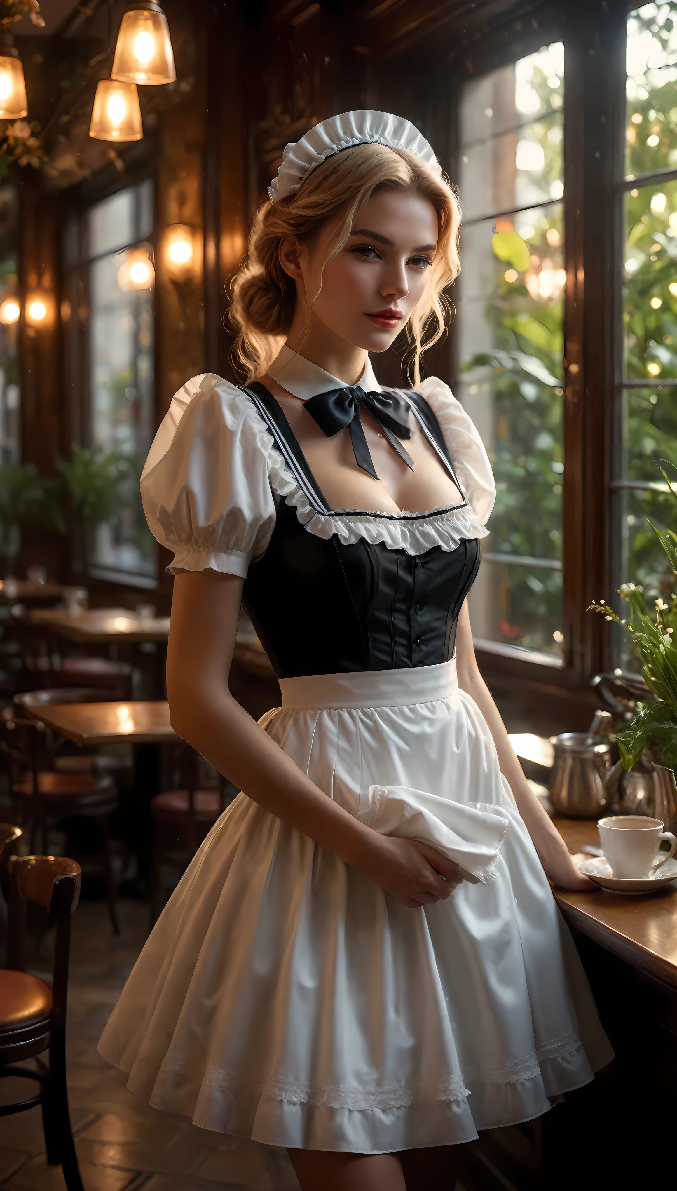 ((Masterpiece in maximum 16K resolution):1.6),((soft_color_photograpy:)1.5), ((Ultra-Detailed):1.4),((Movie-like still images and dynamic angles):1.3). | (cinematic photo of French Supermodel beauty wearing a maid dress in a cafe), (French Supermodel beauty), (Blonde), (wearing a maid dress), (focus on the maid dress), (cinematic lens), (cafe with indoor garden), (summer light), (tyndall effect), (Warm atmosphere), (shimmer), (light reflections), (visual experience),(Realism), (Realistic),award-winning graphics, dark shot, film grain, extremely detailed, Digital Art, rtx, Unreal Engine, scene concept anti glare effect, All captured with sharp focus. | Rendered in ultra-high definition with UHD and retina quality, this masterpiece ensures anatomical correctness and textured skin with super detail. With a focus on high quality and accuracy, this award-winning portrayal captures every nuance in stunning 16k resolution, immersing viewers in its lifelike depiction. | ((perfect_composition, perfect_design, perfect_layout, perfect_detail, ultra_detailed)), ((enhance_all, fix_everything)), More Detail, Enhance.