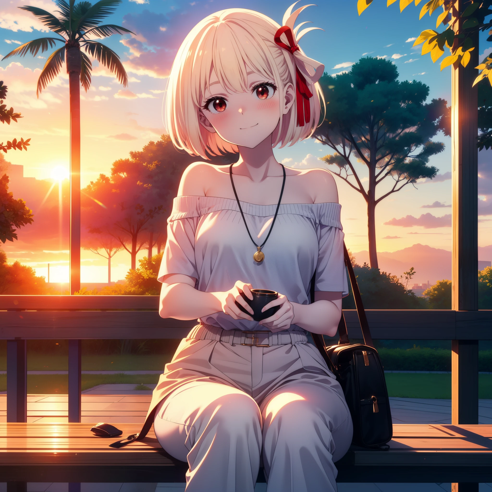 chisatonishikigi, Chisato Nishikigi, short hair, bangs, Blonde Hair, (Red eyes:1.5), hair ribbon, One side up, Bobcut,smile,blush,
Cord off-shoulder top,Short sleeve,skinny pants,Stiletto heels,morning,morning陽,The sun is rising,whole bodyがイラストに入るように,morning,morning陽,The sun is rising, sitting on a park bench,Rocket Pendant,
break outdoors, 公園
break looking at viewer, whole body,(Cowboy Shot:1. 5)
break (masterpiece:1.2), highest quality, High resolution, unity 8k wallpaper, (figure:0.8), (Beautiful fine details:1.6), Highly detailed face, Perfect lighting, Highly detailed CG, (Perfect hands, Perfect Anatomy),