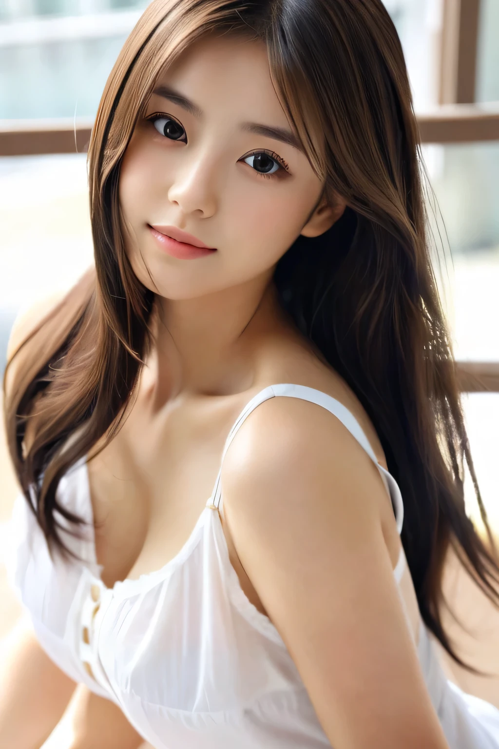 (((8k,Very detailed,Attention to detail、highest quality,Masterpiece,Attention to detail))),RAW Photos & Realistic atmosphere,Professional Lighting,Beautiful dark eyes,Glossy lips,beautiful黒い Eyes,White skin、Deep black eyes,Very beautiful face,Very beautiful face、Beautiful face,beautiful, Glossy lips,beautiful Eyebrows,Realistic skin, Realistic Young Gravure Idol,Very cute woman , Young Gravure Idol, Young Gravure Idol, とても美しくてかわいいbeautiful 21 year old beauty,Incredibly beautiful and elegant,beautiful 21 year old beauty,Natural soft light,(Shiny Hair,,beautiful and kind eyes:1.5),Gentle features,Shapely breasts,Long Hair,beautiful posture,No makeup,Looking at the camera,shirt,Japanese women,