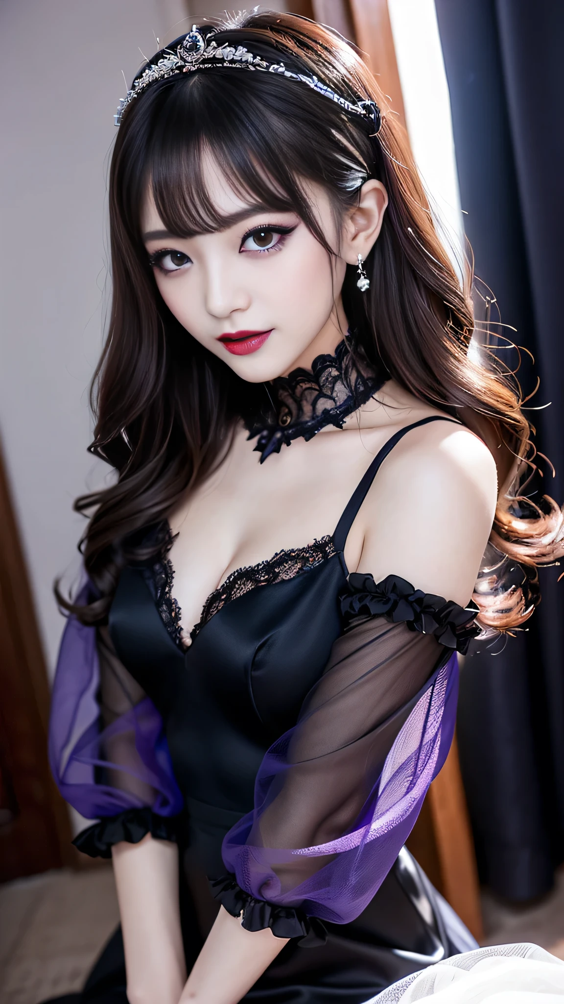 best qualtiy,tmasterpiece,超高分辨率,(真实感:1.4),RAW photogr,1girll,cropped shoulders,in the darkness nigth,deep shading,low tune,cold light,Square face with charming eyes,A sweet smile,Dressed in black lace