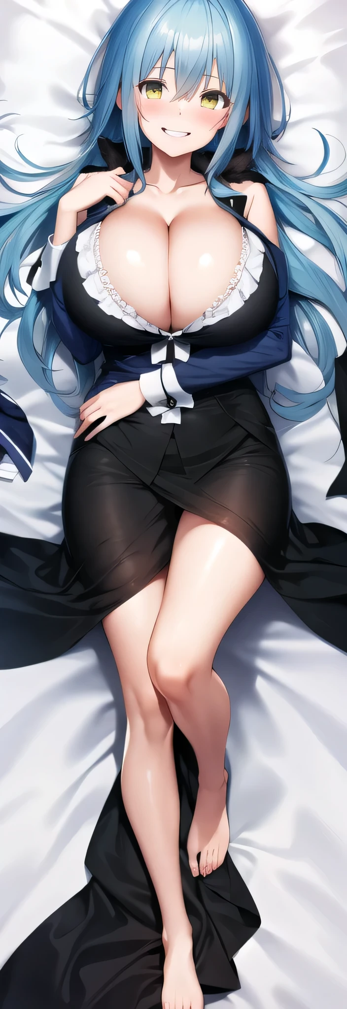 masterpiece, best quality, highres, rimuru tempest, blue hair, long hair, huge breast, cleaveage,white nightie,blush, shy, smile, show teeth,dakimakura