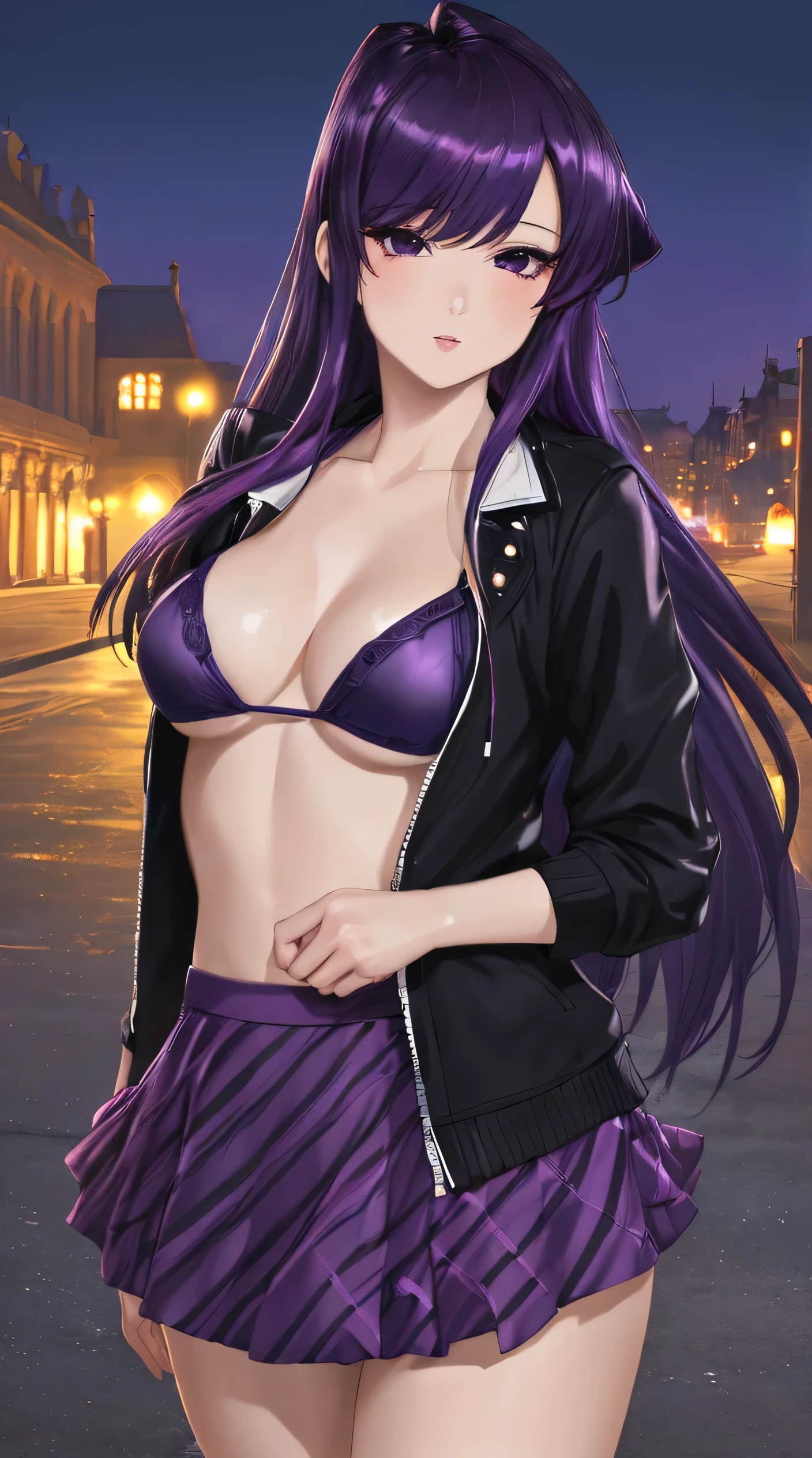 (best quality, 8k, high definition, ultra detailed, photorealistic:1.37), anime style, masterpiece, unity wallpaper, bikini violet, violet eyes, long hair, purple hair perfect anatomy, detailed faces, black jacket, short skirt, view of a palace at night.