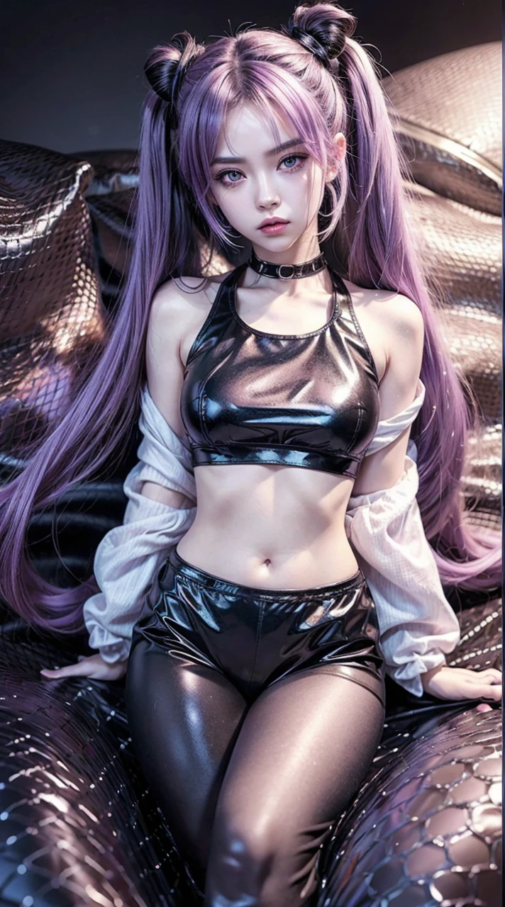 1girl, black crop top, purple hair, twintail hairstyle, beautiful detailed eyes, beautiful detailed lips, extremely detailed face, longeyelashes, highfashion, highcontrast lighting, chiaroscuro, dramatic lighting, cinematic, moody, dark, dramatic, elegant, serene, introspective