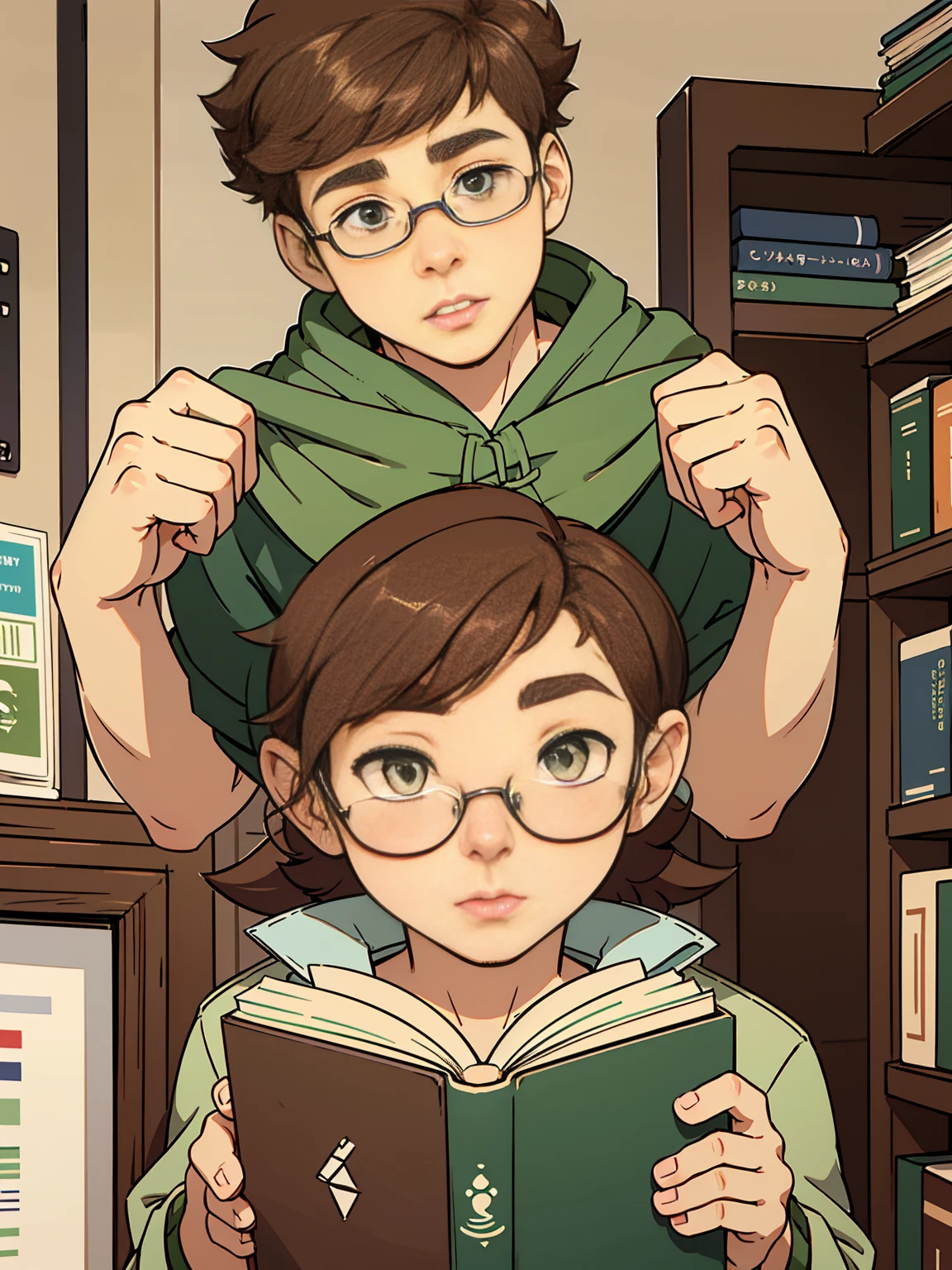 Cute, nerdy boy, brown hair, delicate face, beautiful face, shy expression and flushed cheeks, green eyes, delicate mouth, strong body. He's wearing round glasses, nerdy clothes, holding books. Scene, teenager's room.