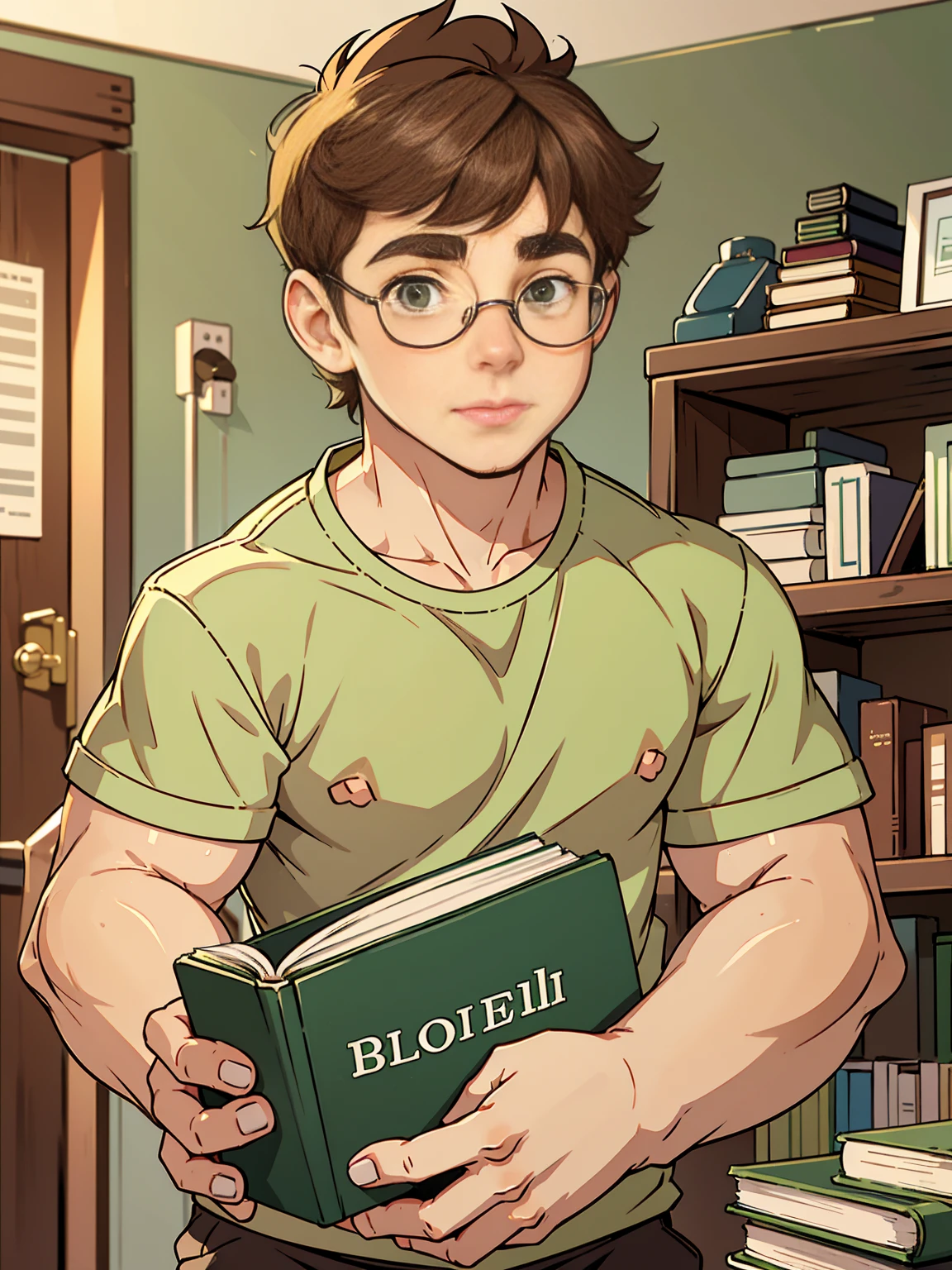 Cute, nerdy boy, brown hair, delicate face, beautiful face, shy expression and flushed cheeks, green eyes, delicate mouth, strong body. He's wearing round glasses, nerdy clothes, holding books. Scene, 's room.