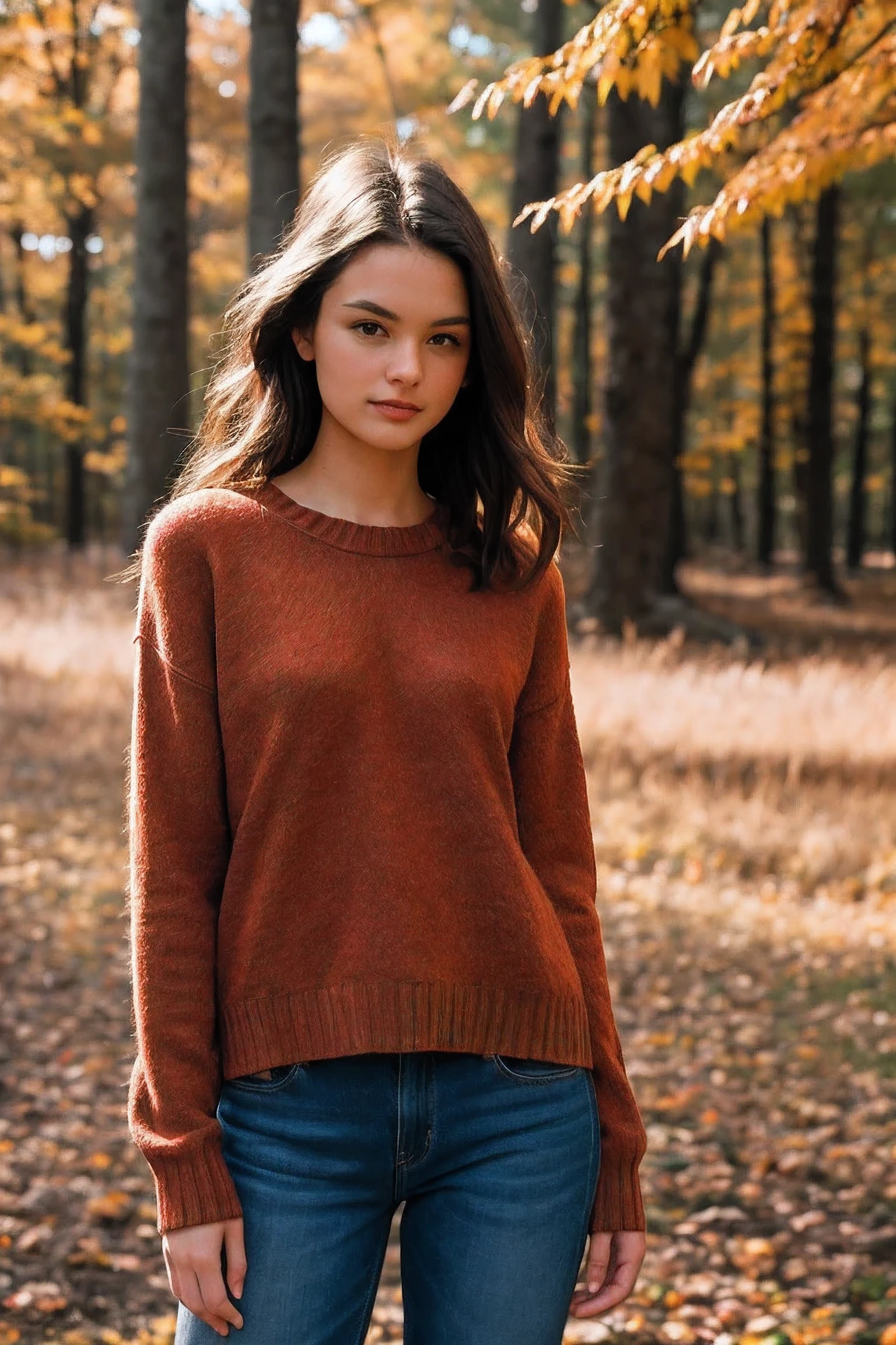 8k uhd, high quality , RAW photo, professional photograph , shot on a Canon EOS 5D , Elegant minimalistic photography, 1990s, model wearing a crimson jumper, red autumn forest background, natural lighting