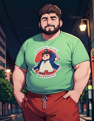 1 chubby man with extremely thick thighs , Careca, obeso, homem de meia idade, camisa branca aberta mostrando a barriga e peitoral usando apenas sunga vermelha e meias, parado na rua, looking at the sky, noite em uma cidade cyberpunk , dim street lamp, talking to the viewer gesturing with his hands, dialogando, discutindo. He's calling the viewer, he is delivering something, he is gesturing for you to come closer to him. Gargalhando, zangado, triste, muito feliz, deprimido. ((Various colored hair strands, fios do cabelo branco ou vermelho ou verde ou cinza ou azul ou laranja ou amarelo)) he is holding a glass of drinks, he is holding a glass of drink, he is holding a bottle of drink, he is holding a shop mug.