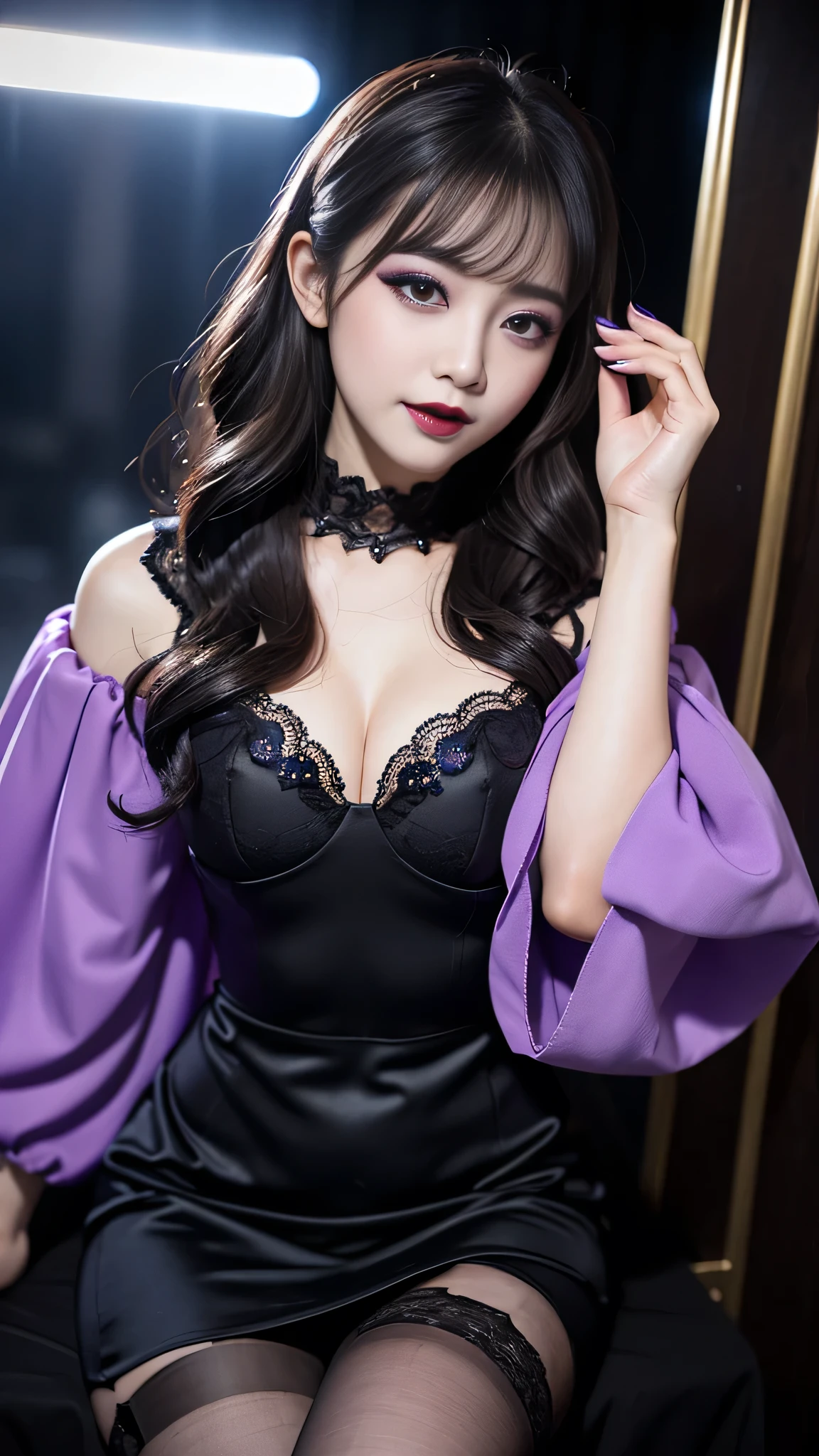 best quality、ultra-detailed、4k、Japanese、Seductive beauty、seductive adult woman、Pretty Woman、cool girl、Villainess、Brainwashed、brainwash、Fallen into evil、smirk、Evil look、Wicked Smile、evil、Brown hair、wavy hair、swept bangs、dark makeup、dark makeup、piercing eyes、hollow eyes,half-closed eyes、Hollow Eyes、purple Eyeshadow、black lipstick、black lipglos、Lace fabric、blue party dress、Wide sleeves、stockings、pantyhose、night、inside darkroom、Are standing、shoot from below、Make up、Makeup brushes、Have lipstick、Swear allegiance、I have pledged my allegiance、Seduce、