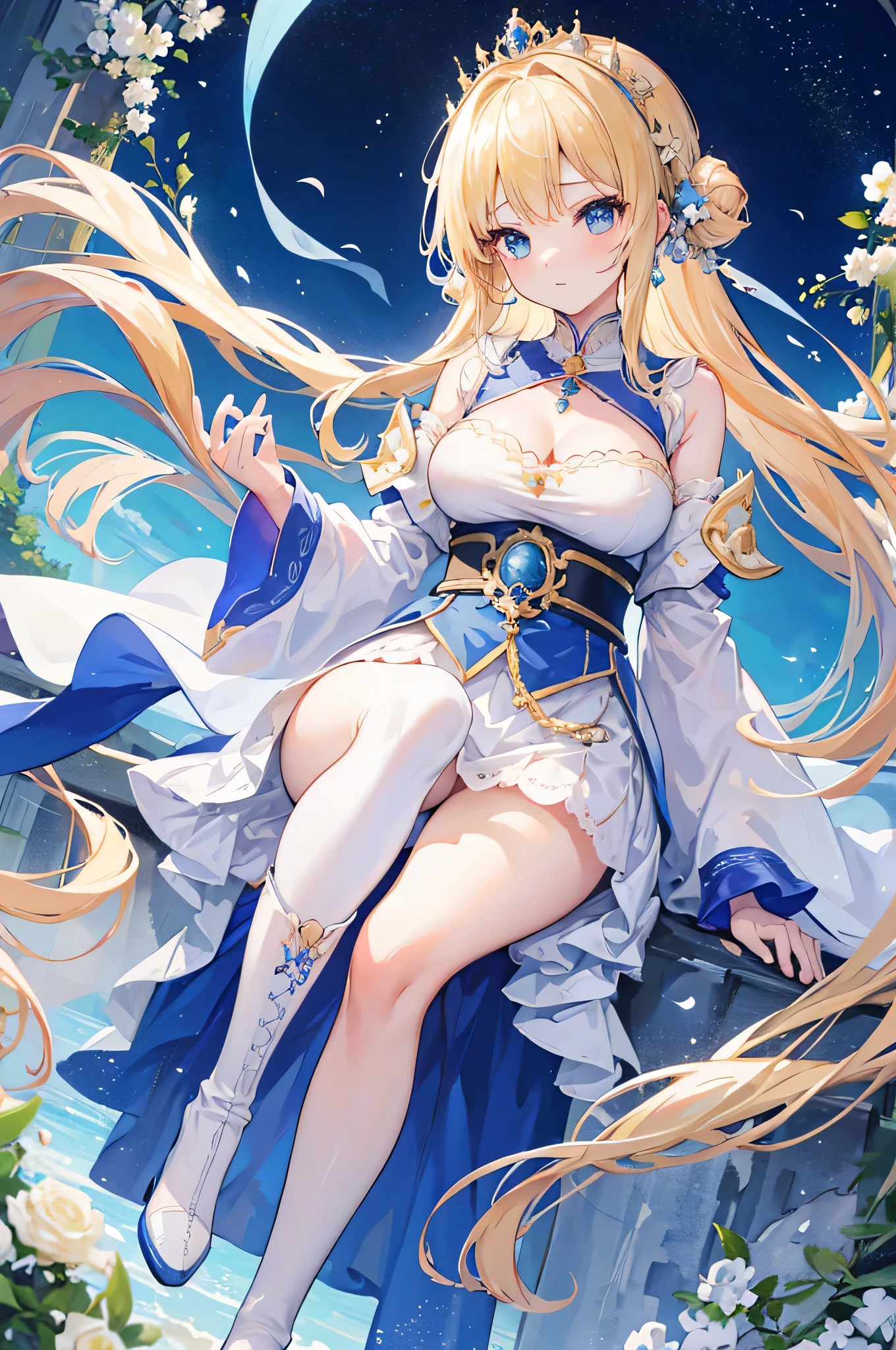 4k,High resolution,One Woman,Blonde,long hair,Braid,Blue Eyes,Big Breasts,princess,Blue princess dress,Princess's Tiara,White Boots,Jewelry decoration,Medieval town
