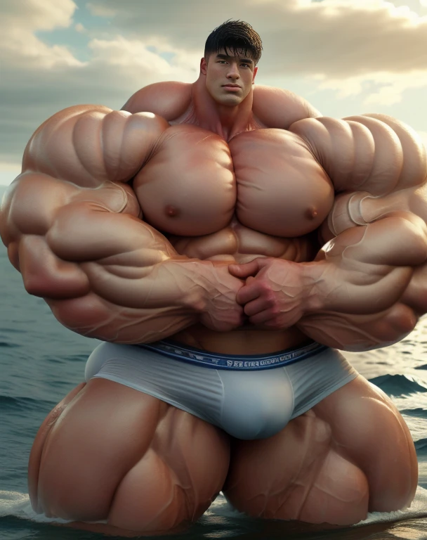 1 asian men, handsome, giant, buzz black haircut, model shoot style, looking at camera, standing, action pose, outdoor, in the ocean, strong body, bulk, naked, wear white swimwear underpants, bulge, big, brutalmass, giant, muscular body, bulk, massive body, large meaty body size, brown veiny skin, big arms, ballooning meaty pecs, big butt. Wet, water splash, ocean waves, UHD, Realistic, intricate detail