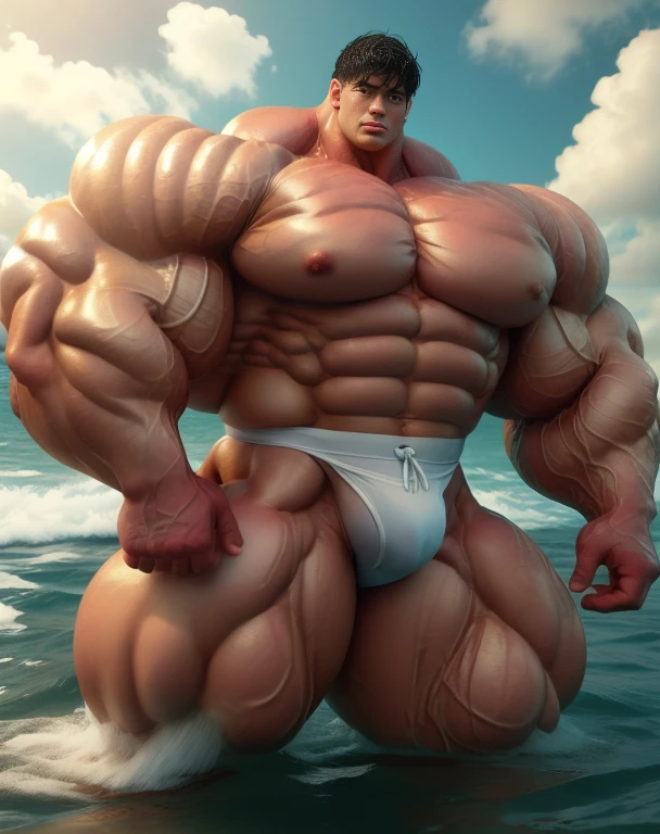1 asian men, handsome, giant, buzz black haircut, model shoot style, looking at camera, standing, action pose, outdoor, in the ocean, strong body, bulk, naked, wear white swimwear underpants, bulge, big, brutalmass, giant, muscular body, bulk, massive body, large meaty body size, brown veiny skin, big arms, ballooning meaty pecs, big butt. Wet, water splash, ocean waves, UHD, Realistic, intricate detail