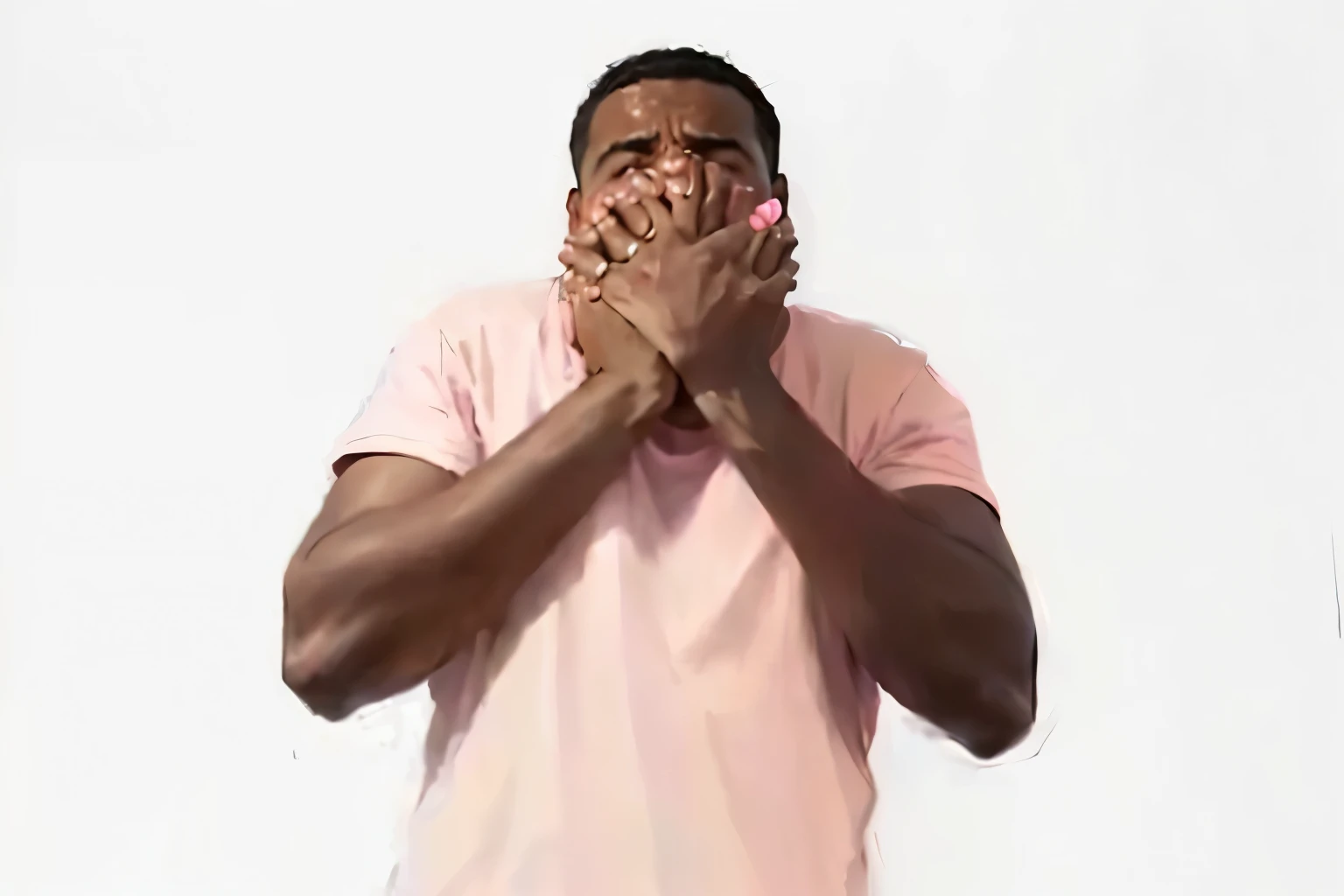 man in pink shirt covering his mouth with hands, hand over mouth, man is terrified, shocked expression, shocked, very surprised, scared face, media photo, comedian is funny, surprised expression, scared expression, surprised, embarrassed, man screaming, funny, very very low quality picture, the man is screaming and sad, holding his hands up to his face, hand on cheek