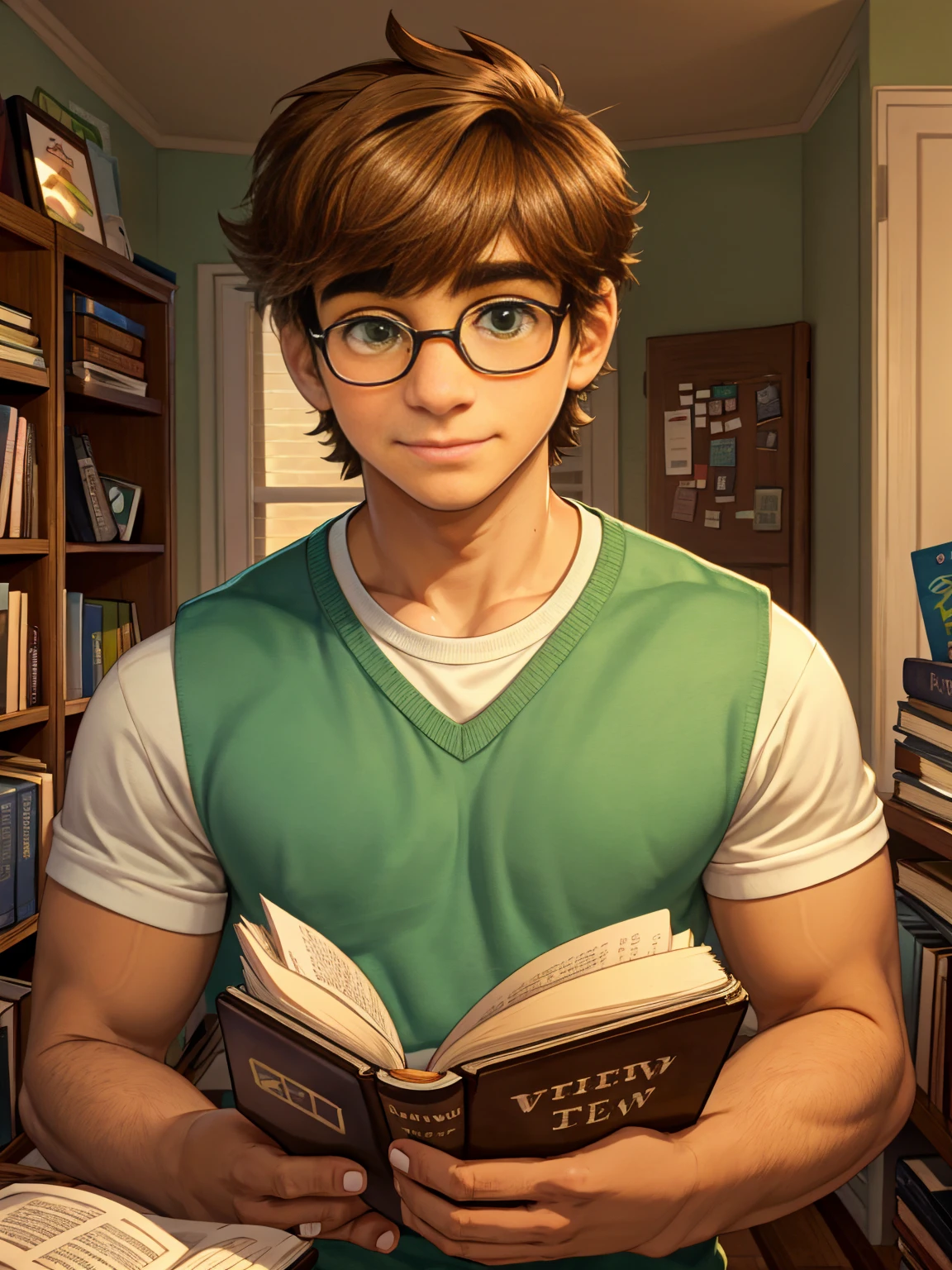 Cute, nerdy boy, brown hair, delicate face, beautiful face, shy expression and flushed cheeks, green eyes, delicate mouth, strong body. He's wearing round glasses, nerdy clothes, holding books. Scene, 's room.