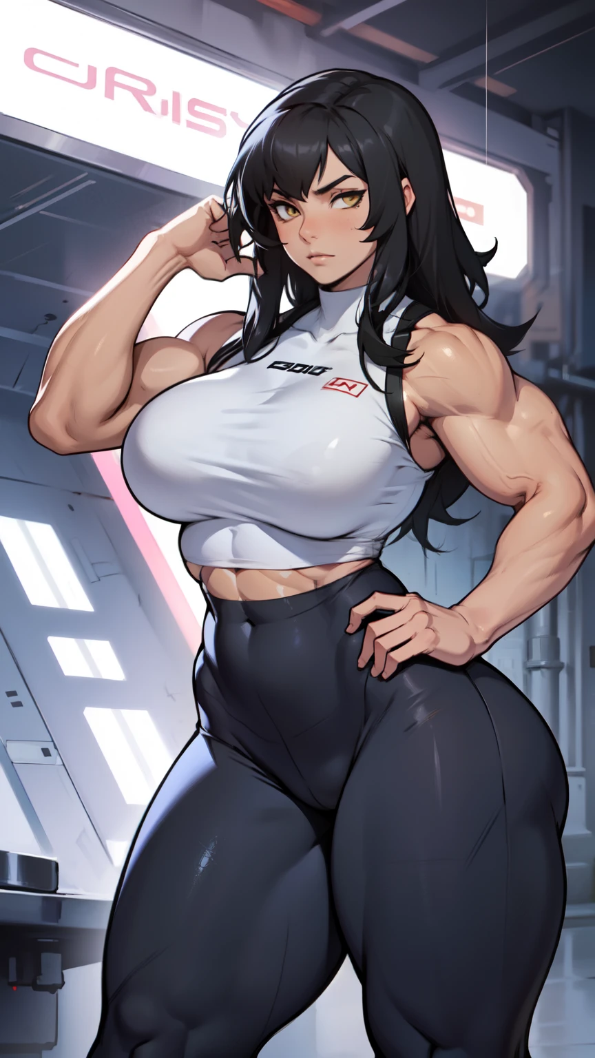 ((((muscular girl large breasts huge thighs)))) pale skin black hair yellow eyes EXPRESSIONLESS curvy wide hips leggings