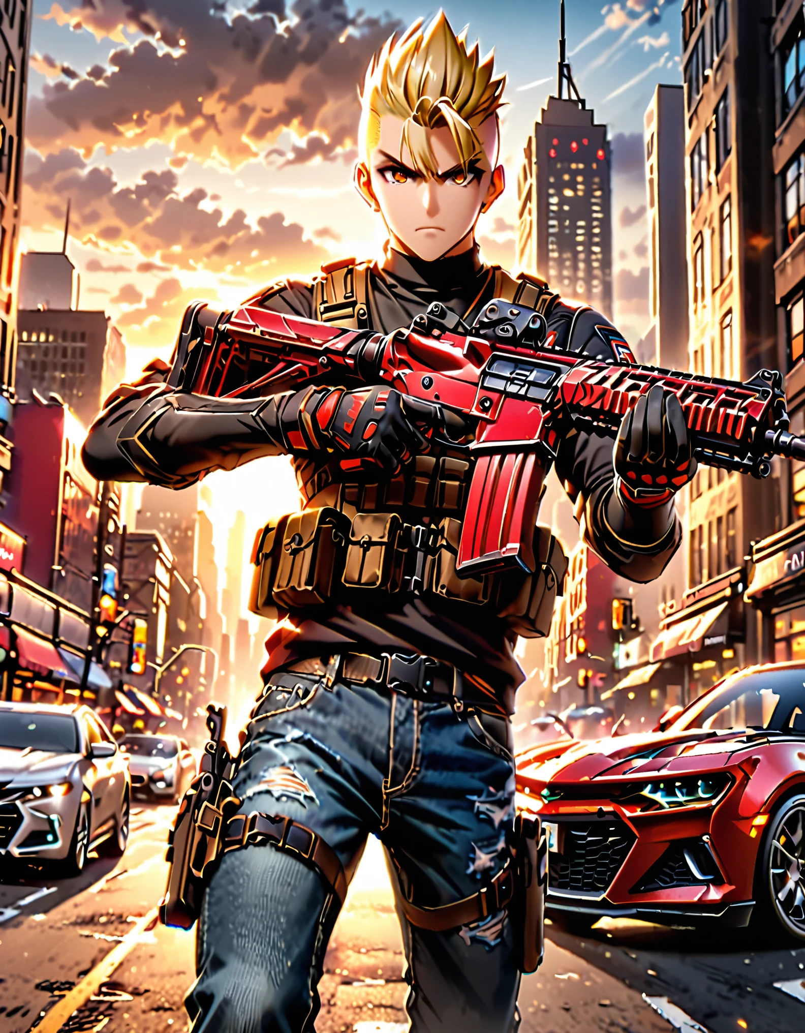 masterpiece, best quality, high res, 1boy, blonde hair, short hair, mohawk, perfect hands, finger on trigger, gloves, gun, holding gun, holding weapon, assault rifle, holster, male focus, rifle, new york city backdrop, solo, solo focus, trigger discipline, weapon, brown eyes, assault vest, black sweater, jeans, sneakers. 1car, motor vehicle, automobile, red chevorlet camaro. action: standing straight. facial expression: determined