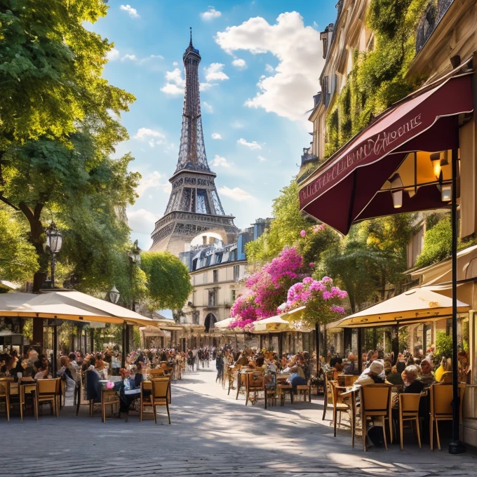 high quality,Realistic photoasterpiece, Vibrant street artists, French bakery offering fresh croissants, Stylish Parisian fashion, Beautiful boat cruise on the river, An elegant Parisian landmark, Breathtaking city views, Vibrant street market, Portrait painter, Narrow streets full of history and charm, The Magnificence of Notre Dame Cathedral, Street performer playing the accordion, Lively conversation at a local brasserie, Stylish Parisian architecture, An elegant bridge over the Seine, A spectacular display of macarons at a patisserie, The rich aroma of freshly brewed coffee, Vintage merry-go-round in the park, Sculptures and art installations in public spaces, A charming bookstore where you can enjoy books and coffee, View of an artist and his easel from Montmartre, Romantic sunset picnic by the river, The vibrant atmosphere of the Champs-Élysées, Cozy corner cafe with vibrant outdoor seating. (最high quality, High resolution, Very detailed), (Realistic, photoRealistic:1.37), Vibrant colors, Bright summer morning,Sparkling natural light.