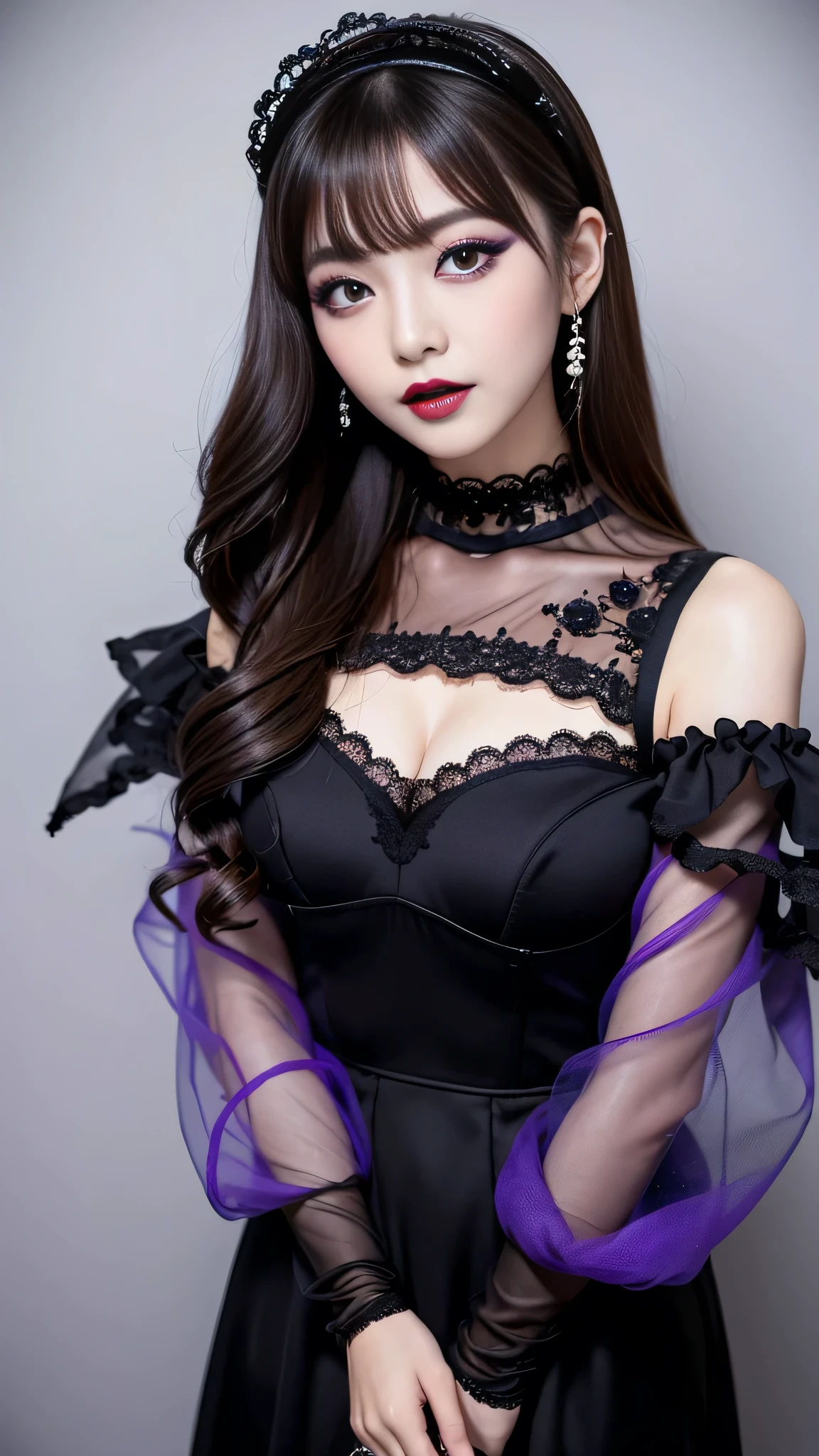 best quality、ultra-detailed、4k、Japanese、Seductive beauty、seductive adult woman、Pretty Woman、cool girl、Villainess、Brainwashed、brainwash、Fallen into evil、smirk、Evil look、Wicked Smile、evil、Brown hair、wavy hair、swept bangs、dark makeup、dark makeup、piercing eyes、hollow eyes,half-closed eyes、Hollow Eyes、purple Eyeshadow、black lipstick、black lipglos、Lace fabric、blue party dress、Wide sleeves、stockings、pantyhose、night、inside darkroom、Are standing、shoot from below、Make up、Makeup brushes、Have lipstick、Swear allegiance、I have pledged my allegiance、Seduce、