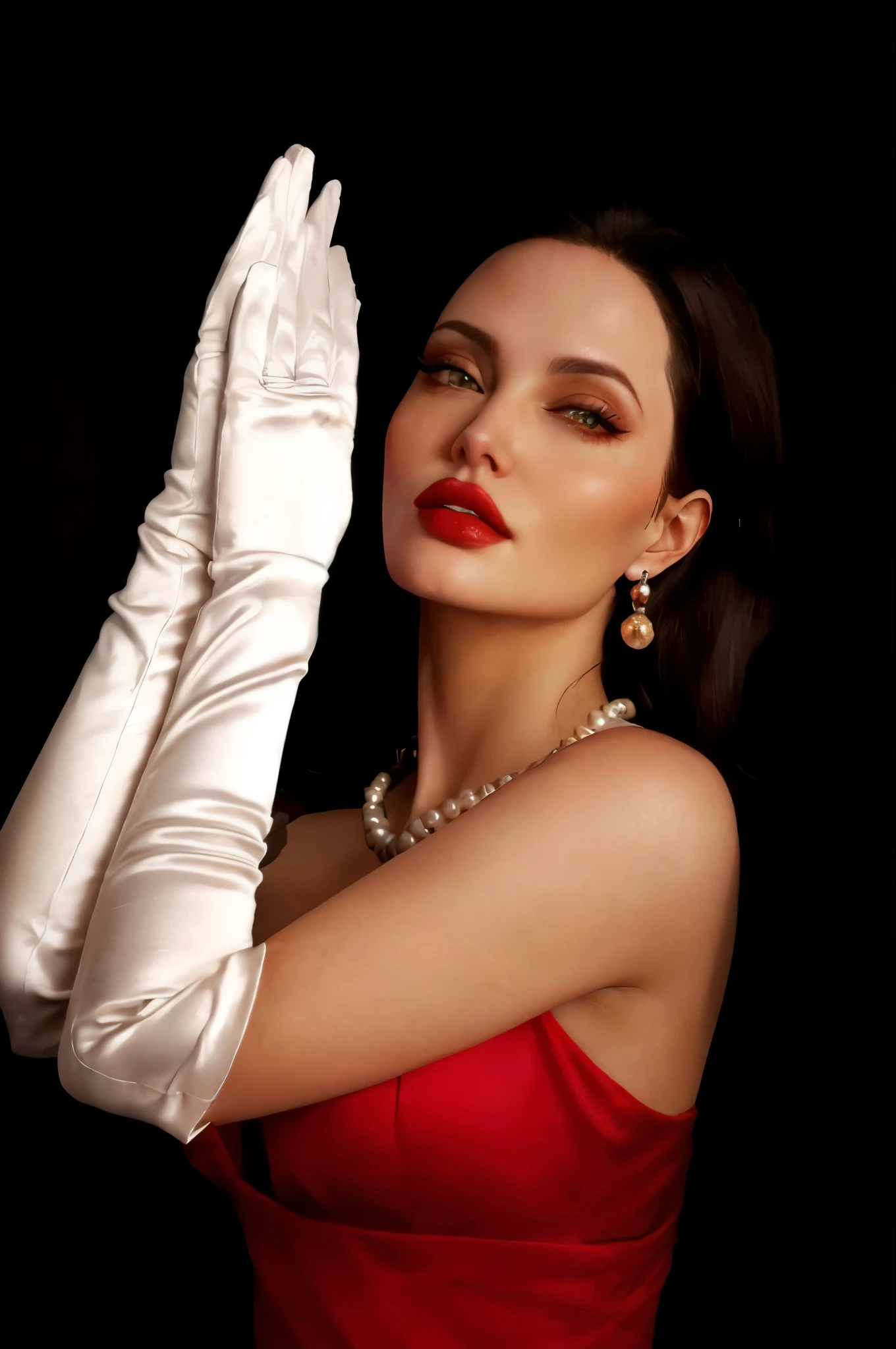 Mujer arafed con un vestido rojo y guantes blancos posando para una foto., guantes rojos, very beautiful angelina jolie, inspirado en Olga Rozanova, guantes de raso blanco, olga buzova, angelina jolie, Guantes largos blancos, inspirado en Nina Petrovna Valetova, bella poarch, inspired by Lili Árkayné Sztehló