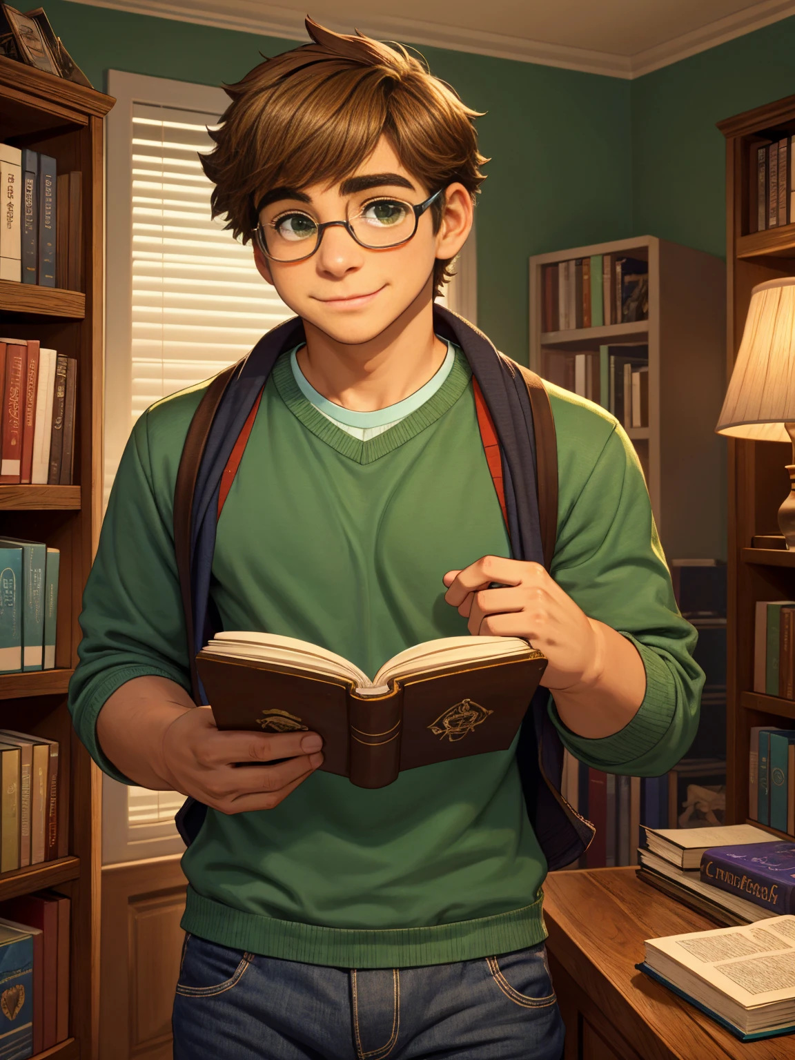 Cute, nerdy boy, brown hair, delicate face, beautiful face, shy expression and flushed cheeks, green eyes, delicate mouth, strong body. He's wearing round glasses, nerdy clothes, holding books. Scene, 's room.