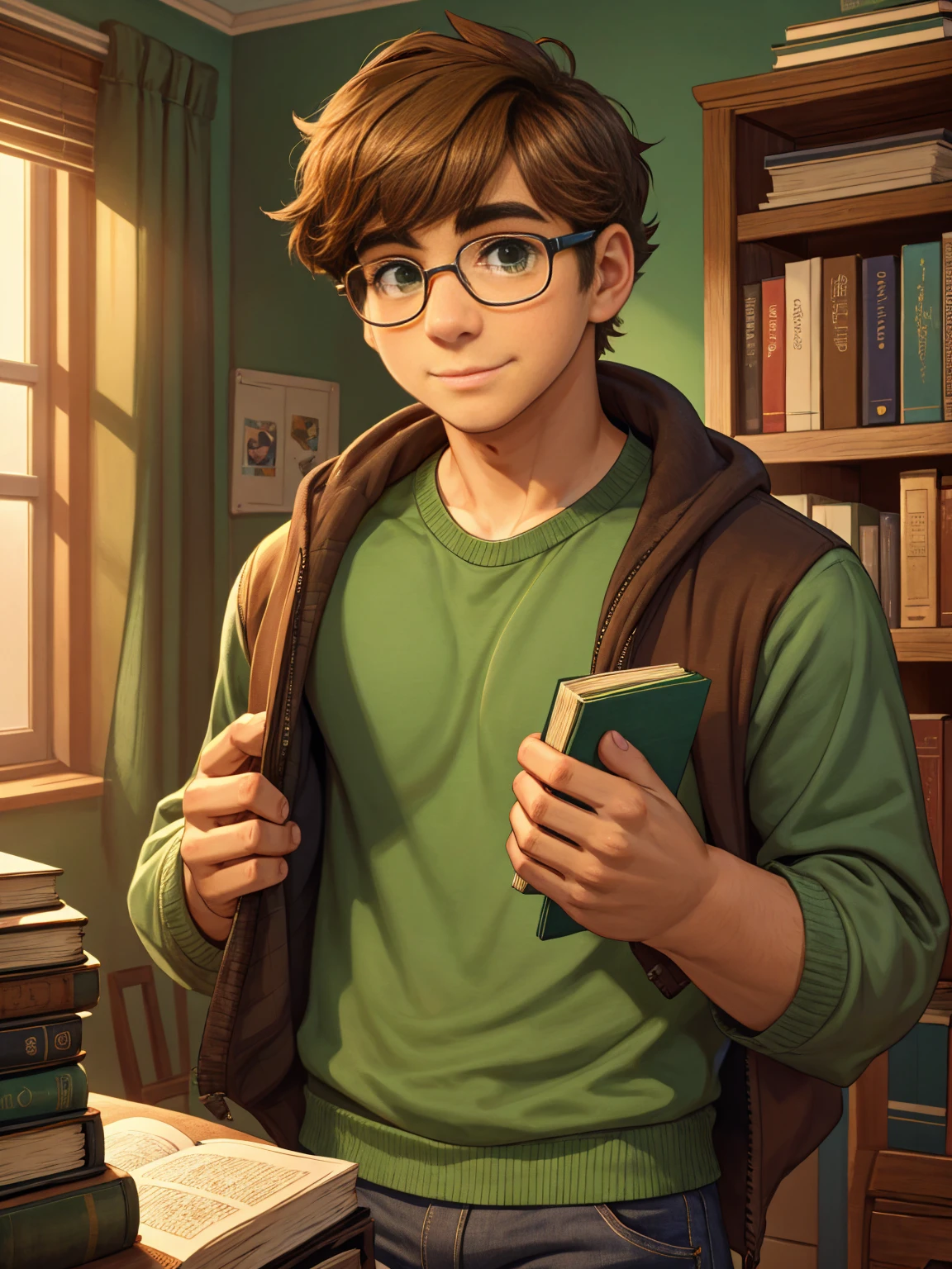 Cute, nerdy boy, brown hair, delicate face, beautiful face, shy expression and flushed cheeks, green eyes, delicate mouth, strong body. He's wearing round glasses, nerdy clothes, holding books. Scene, 's room.