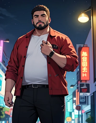 1 chubby man with extremely thick thighs , Careca, obeso, homem de meia idade, camisa branca aberta mostrando a barriga e peitoral usando apenas sunga vermelha e meias, parado na rua, looking at the sky, noite em uma cidade cyberpunk , dim street lamp, talking to the viewer gesturing with his hands, dialogando, discutindo. He&#39;s calling the viewer, he is delivering something, he is gesturing for you to come closer to him. Gargalhando, zangado, triste, muito feliz, deprimido. ((Different colored hair strands, fios do cabelo branco ou vermelho ou verde ou cinza ou azul ou laranja ou amarelo)) he is holding a glass of drinks, he is holding a glass of drink, he is holding a bottle of drink, he is holding a shop mug.