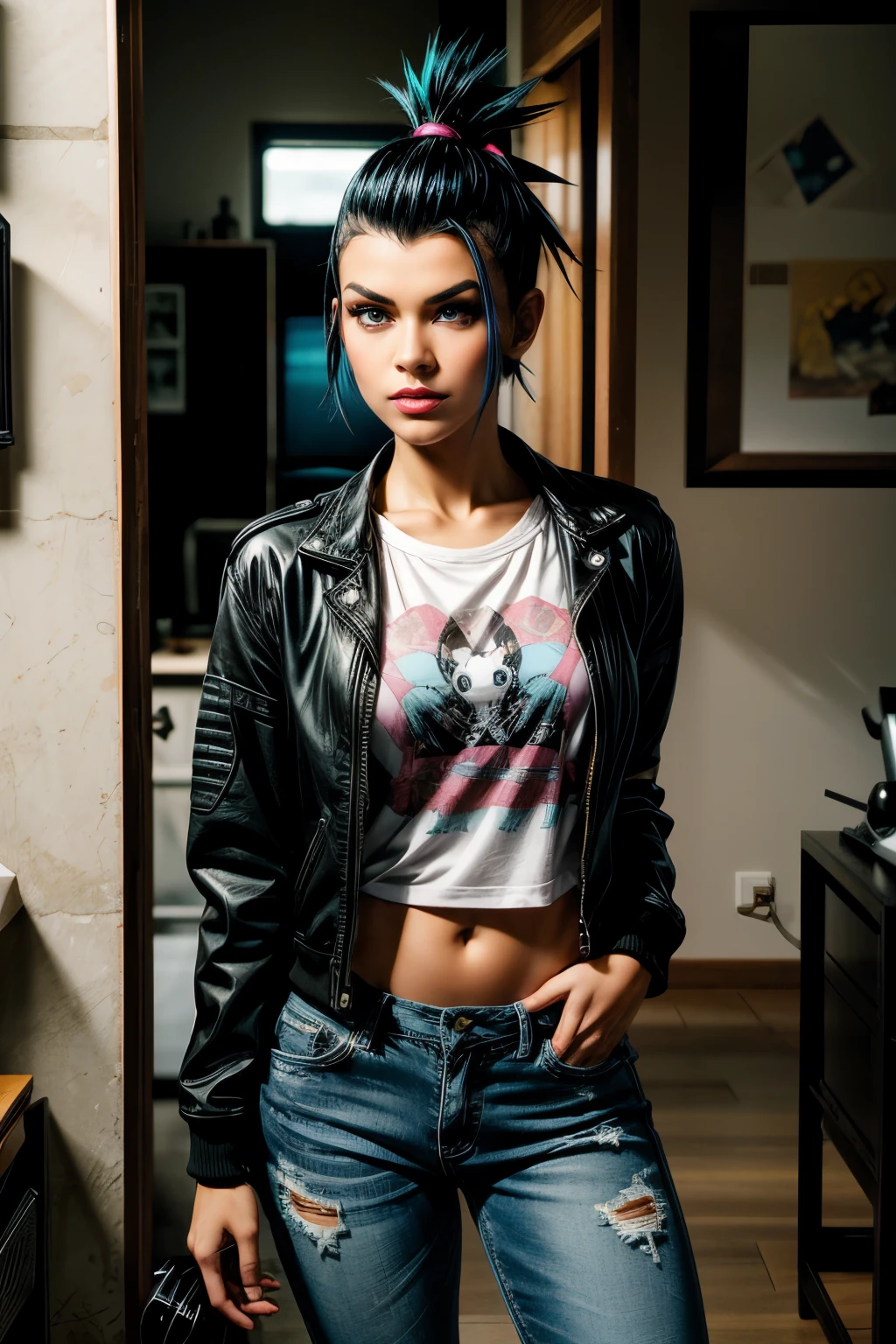 Ultra Beautiful sexy girl "Raven Haired" Mohawk hair, sides of her head shaved and colored aqua blue, girl cute freckles, standing up, bright green eyes, perfect identical shaped eyes, raven black spike Mohawk shiny hair, intense serious look, white teeth, glossy black jacket with mighty bees insignia, rumpled low riding blue jeans pants, letterman's jacket, graphic tee shirt splashed multi colors pink black turquoise red white purple, small colorful belly tattoos, bobby sox, black old-school sneakers, on a rainy day in a 1980's city alley, on the back landing singing, on black metal fire escape,