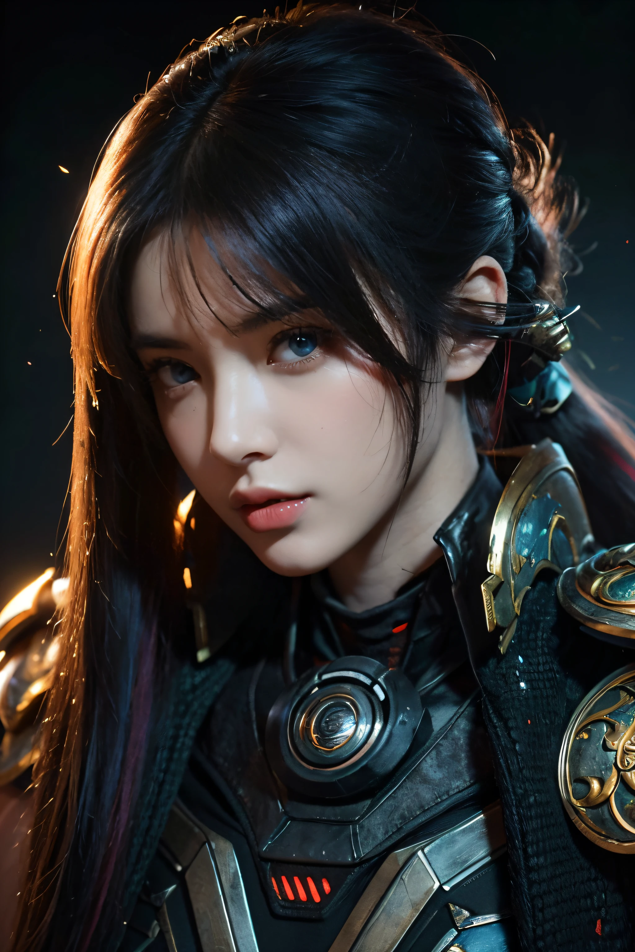tmasterpiece,Best quality,A high resolution,8K,(Portrait),((Head close-up)),Real photos,digital photography(Women who combine ancient fantasy style with futuristic cyberpunk style),20-year-old girl,Long ponytail hairstyle,By bangs,(Random Color Eyes),(Random-colored hair),Plump,,Elegant and noble,Serious and indifferent,Clothes that combine ancient costumes with modern combat uniforms,Shoulder armor,Openwork design,rich details​,Keep your mouth shut,Intricate ornaments,cyber punk style,(Woman warrior),white backgrounid,oc render reflection texture